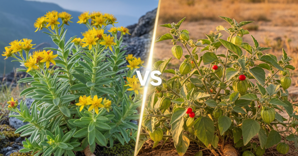 Comparación visual entre Ashwagandha y Rhodiola para elegir adaptógeno según objetivos