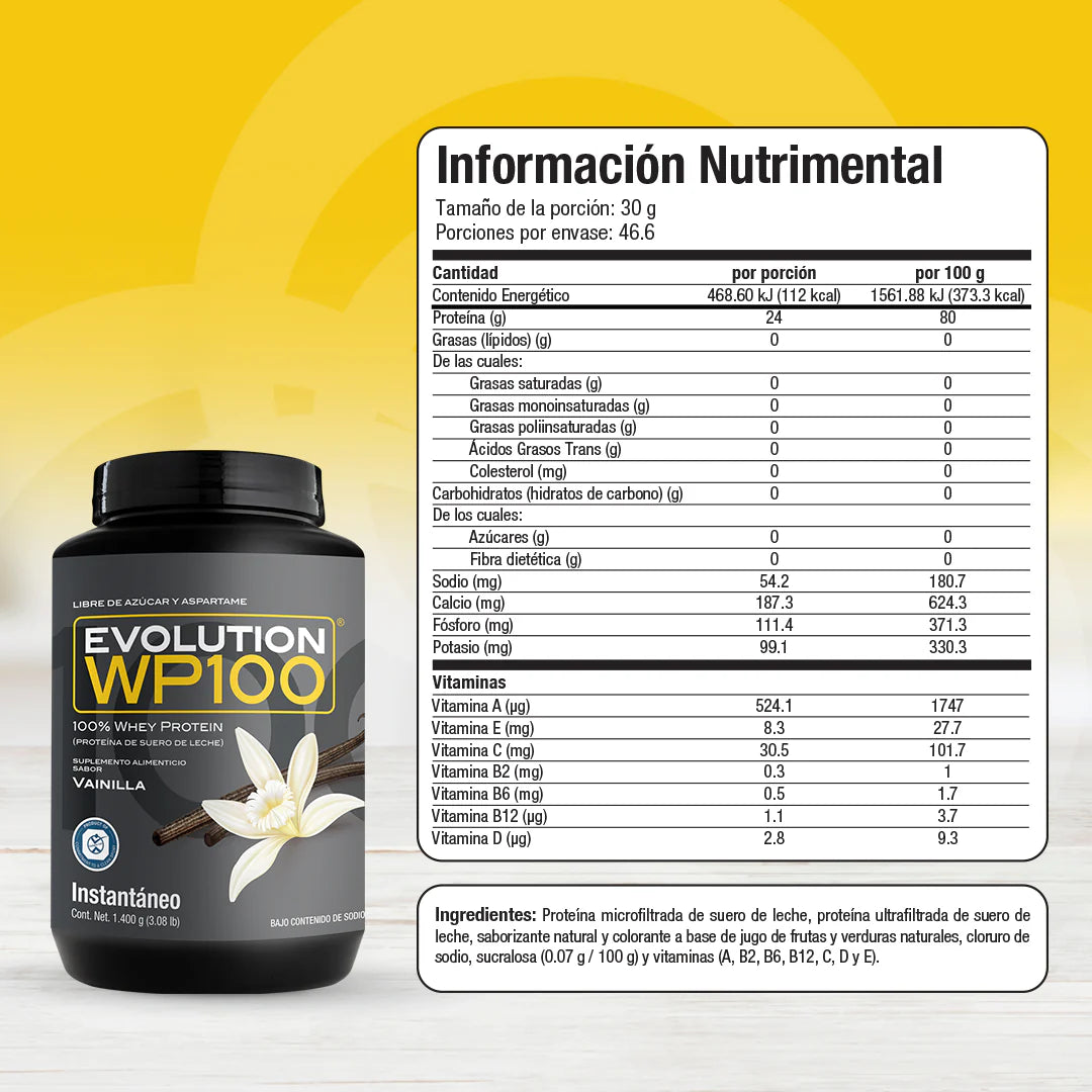 Proteína suero de leche Evolution Nutraceutical WP100 sabor Vainilla Bote de 1400g