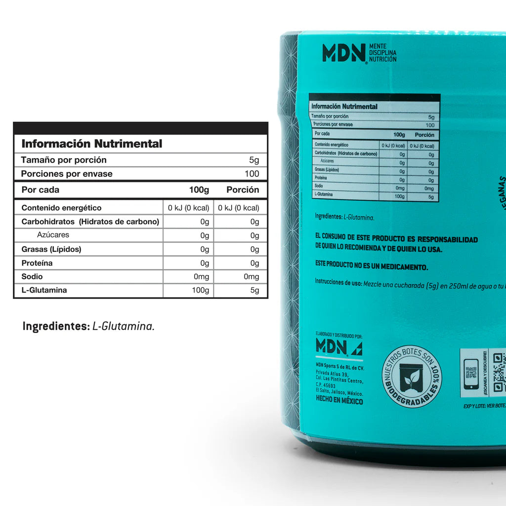 L-glutamina MDN Sports 500g 100 Servicios 100% Pura Glutamina