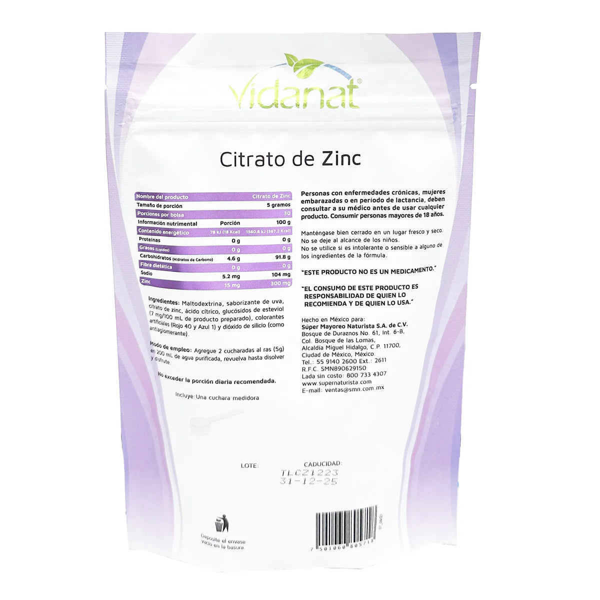 Citrato de zinc Vidanat sabor uva 150 g