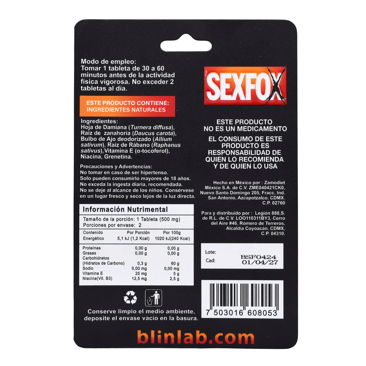 Sex Fox Hormone Booster Blinlab 2 Tabletas