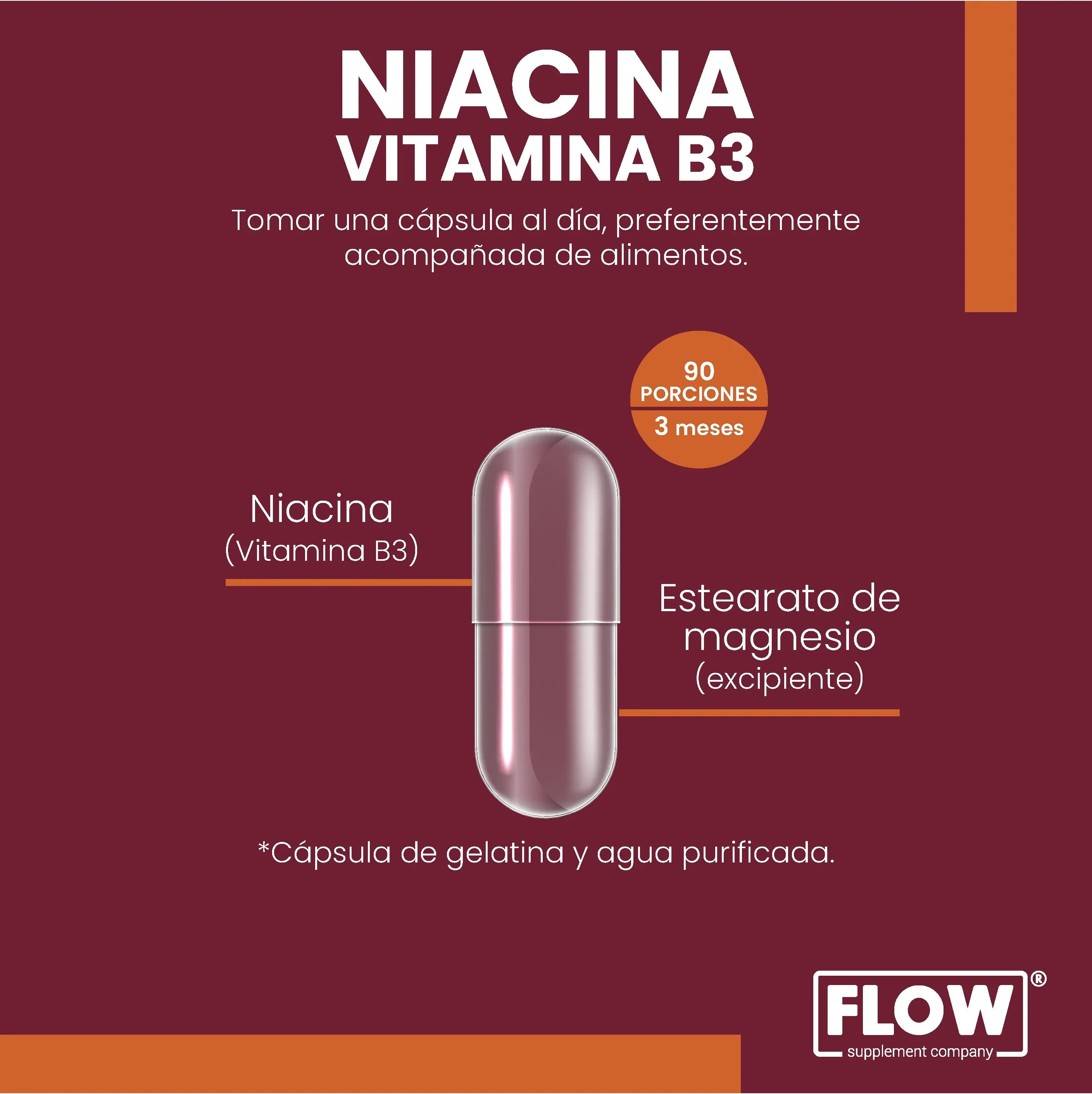 Niacina Vitamina B3 90 Cápsulas De 500 Mg Flow Niacinamida