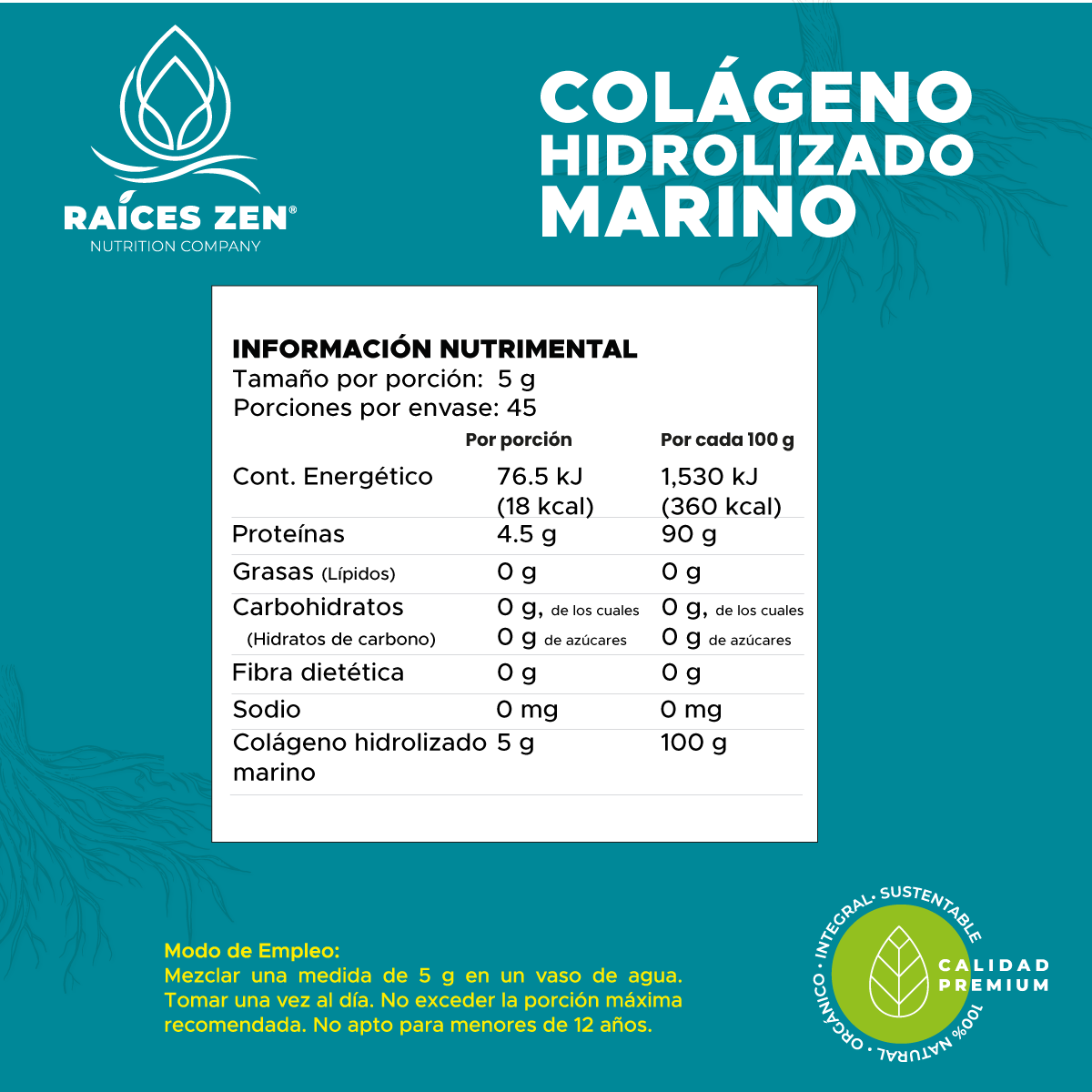 Colágeno Marino Hidrolizado Raíces Zen Súper Premium 225 g