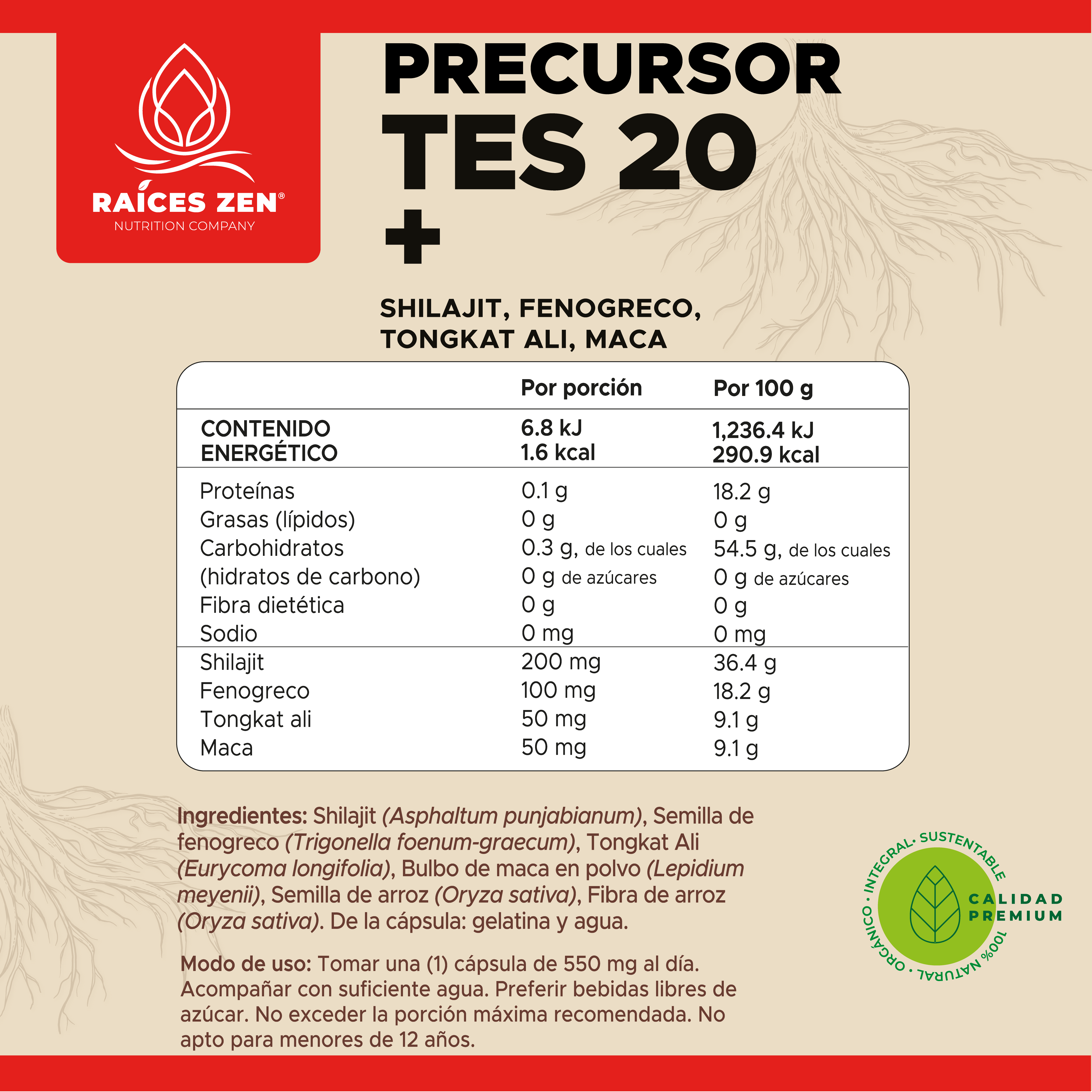 Tongkat Ali, Shilajit y Fenogreco Precursor Tes20, Raíces Zen Súper Premium 120 Cáps