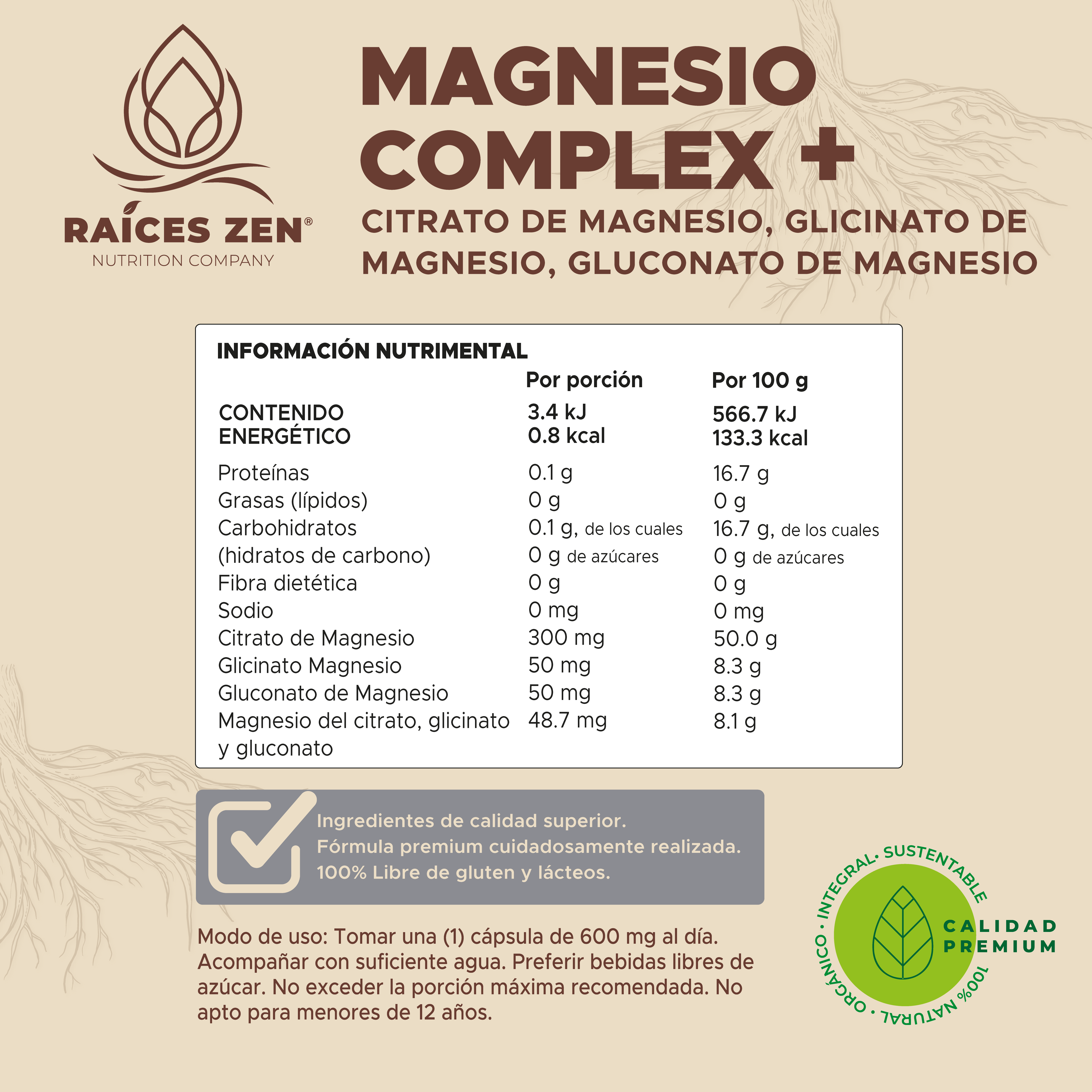 Magnesio Complex Citrato Glicinato Gluconato Super Premium Raíces Zen