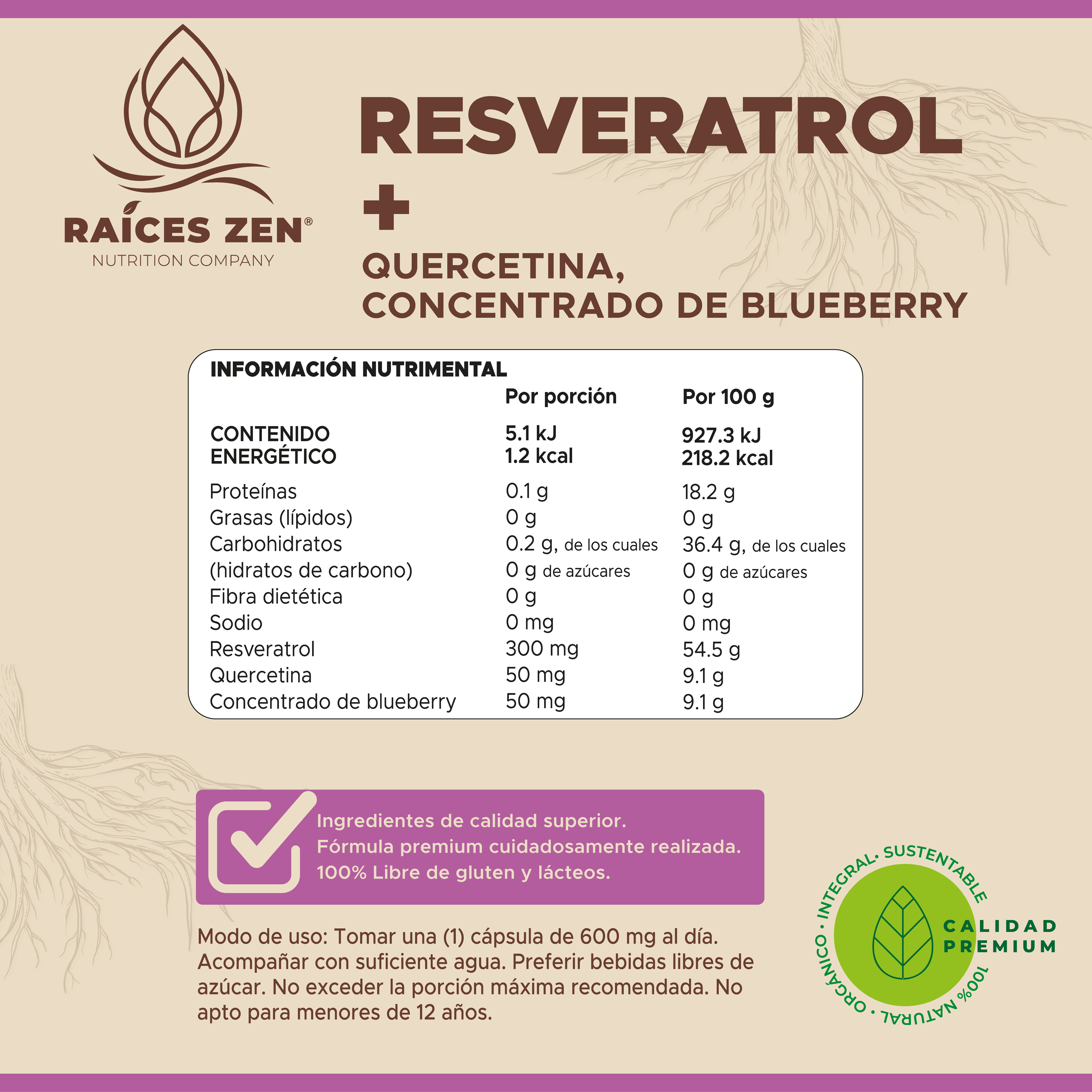 Resveratrol Quercetina Raíces Zen Súper Premium