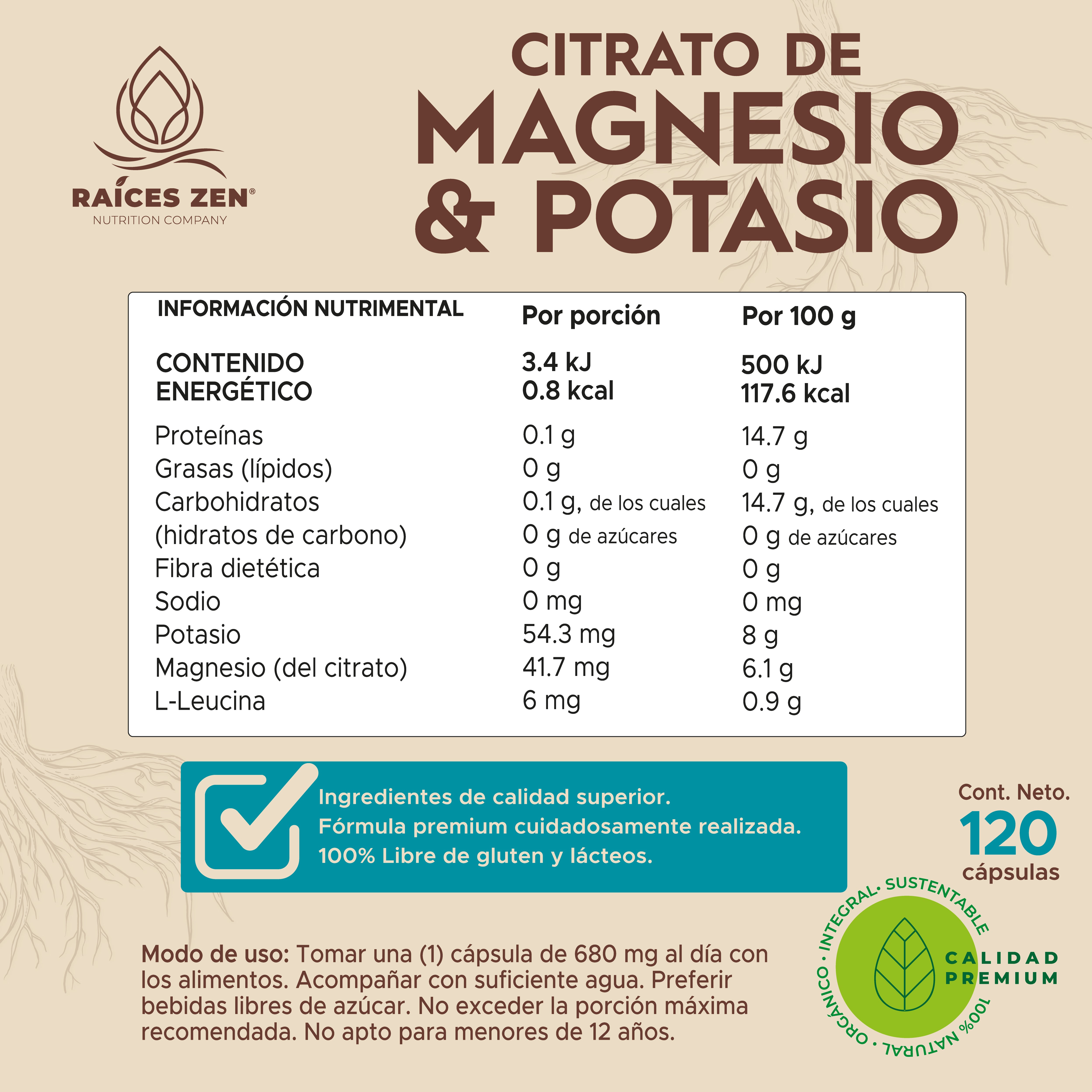 Citrato de Magnesio y Citrato de Potasio Raíces Zen Súper Premium