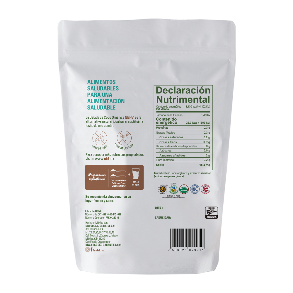 Bebida De Coco Orgánico En Polvo Nb Foods 480 g