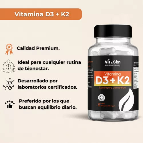 Vitamina D3 + Vitamina K2 Súper Premium Vit & Skn Nutrition Company 60 Cápsulas