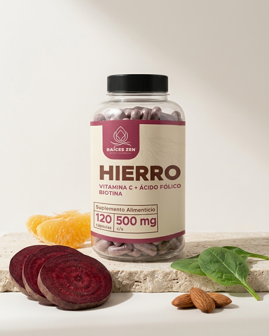 Hierro con Vitamina C Ácido Fólico Biotina Raíces Zen 120 Capsulas