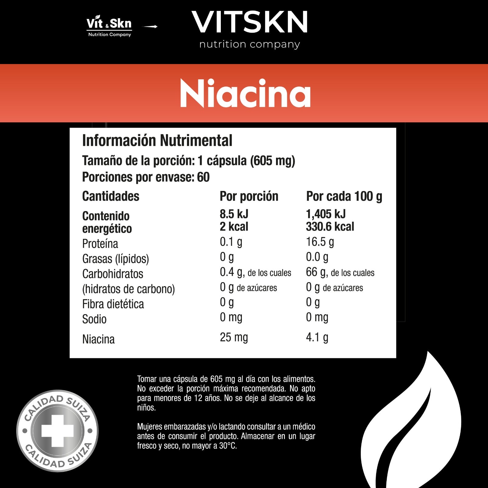 Niacina Súper Premium Vit & Skn Nutrition Company 60 Cápsulas