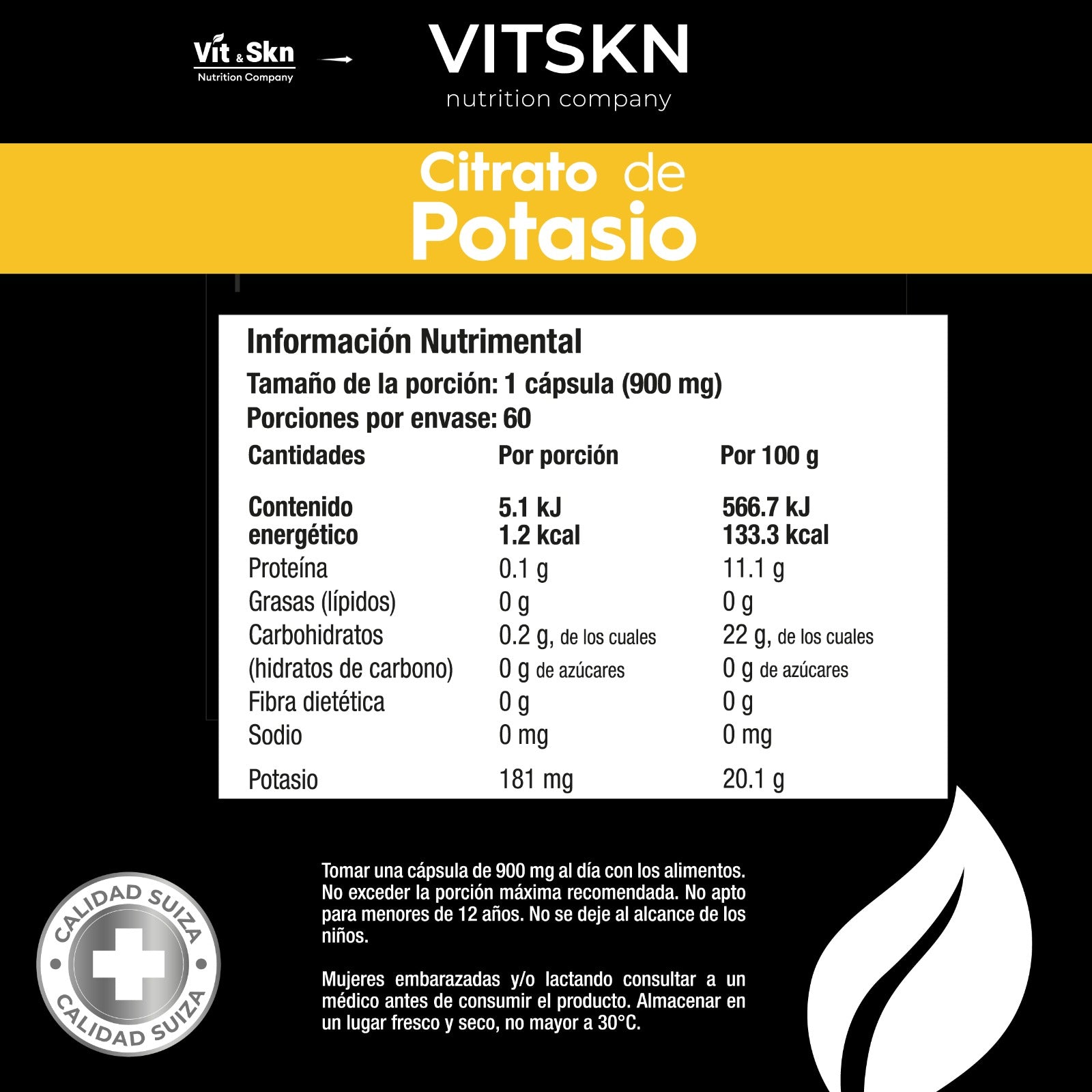 Citrato De Potasio Súper Premium Vit & Skn Nutrition Company 60 Cápsulas