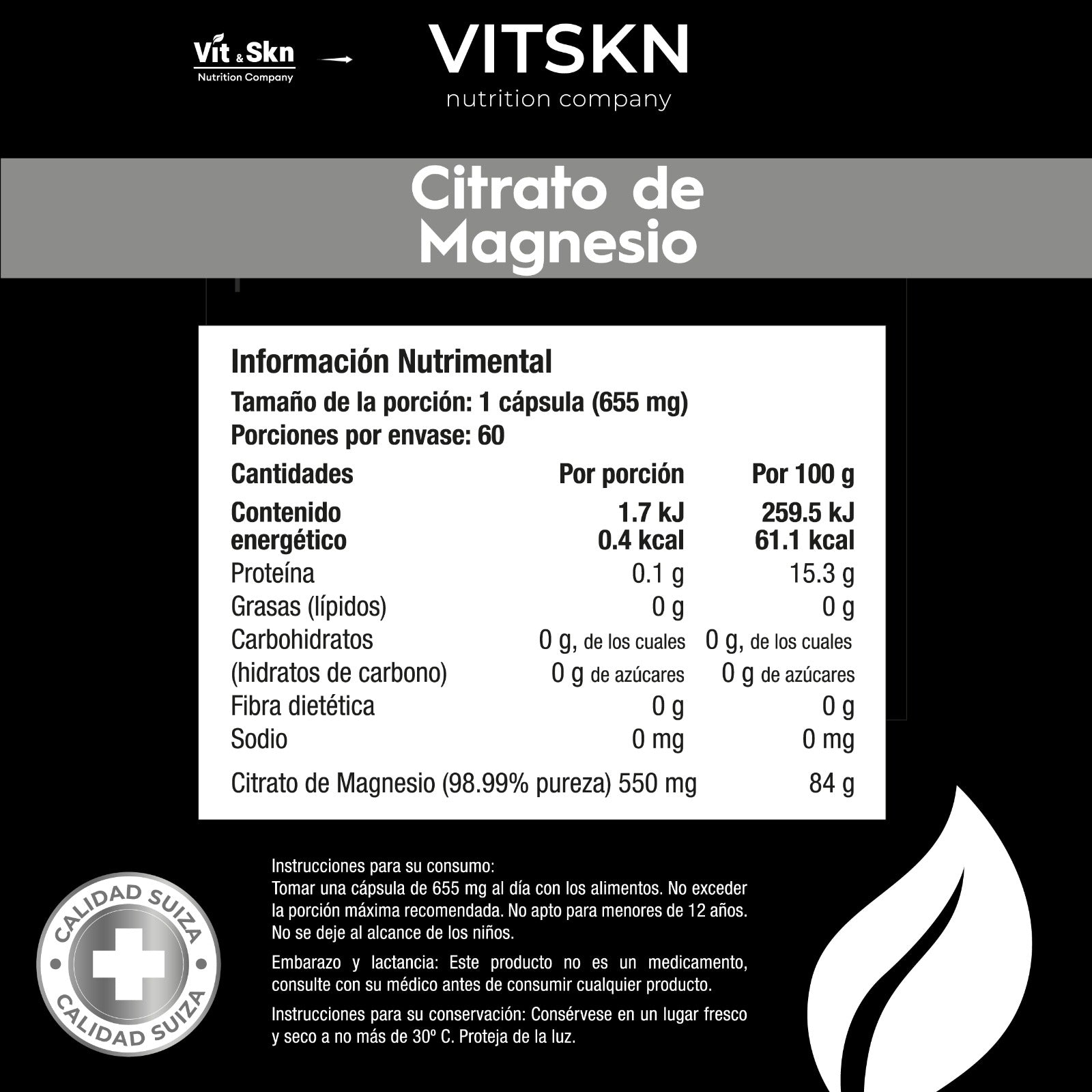 Citrato de Magnesio Skin Vit Nutrition Company 60 Cápsulas de 550mg