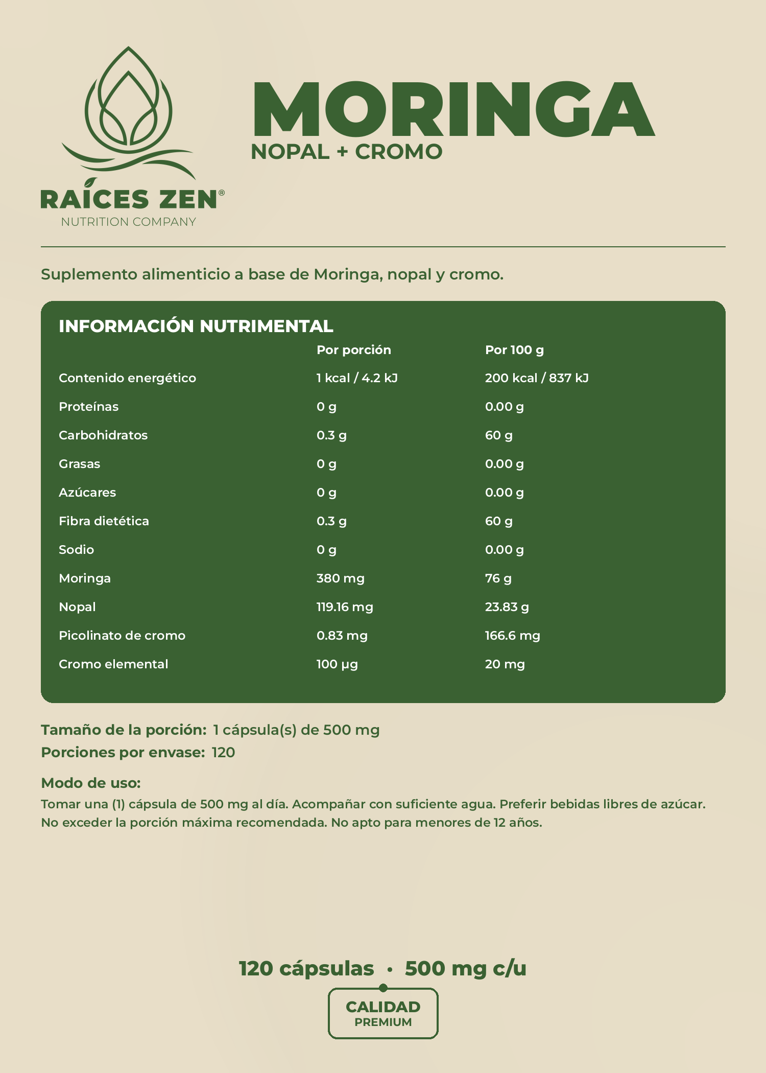 Moringa Nopal Cromo Raíces Zen 120 Cápsulas