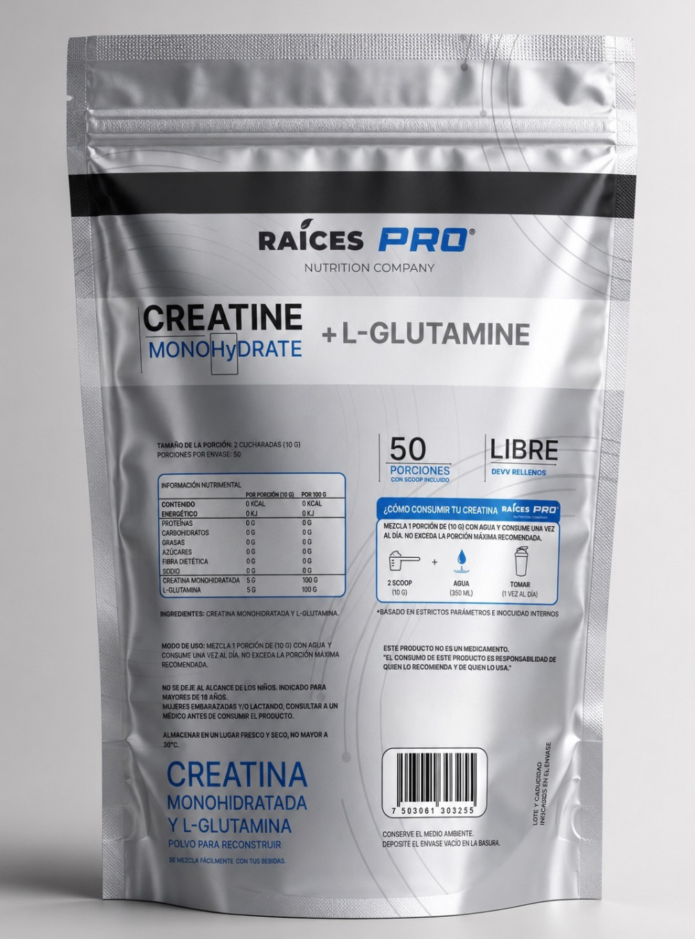 Creatina Monohidratada y glutamina raices pro 50 porciones