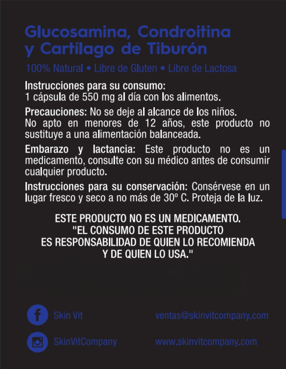 Glucosamina, Condroitina, Cartílago de Tiburón Skin Vit Nutrition Company 60 Cápsulas de 550mg
