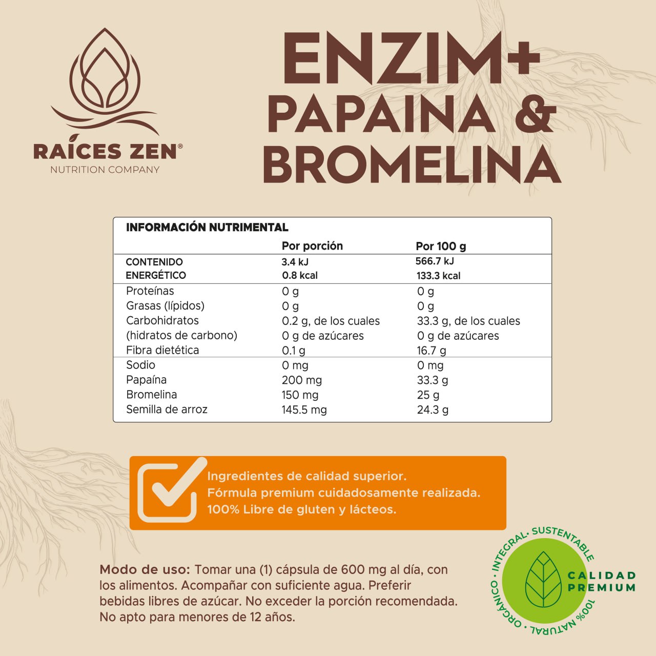 Enzimas Digestivas Papaina y Bromelina Raíces Zen Súper Premium 120 Cápsulas