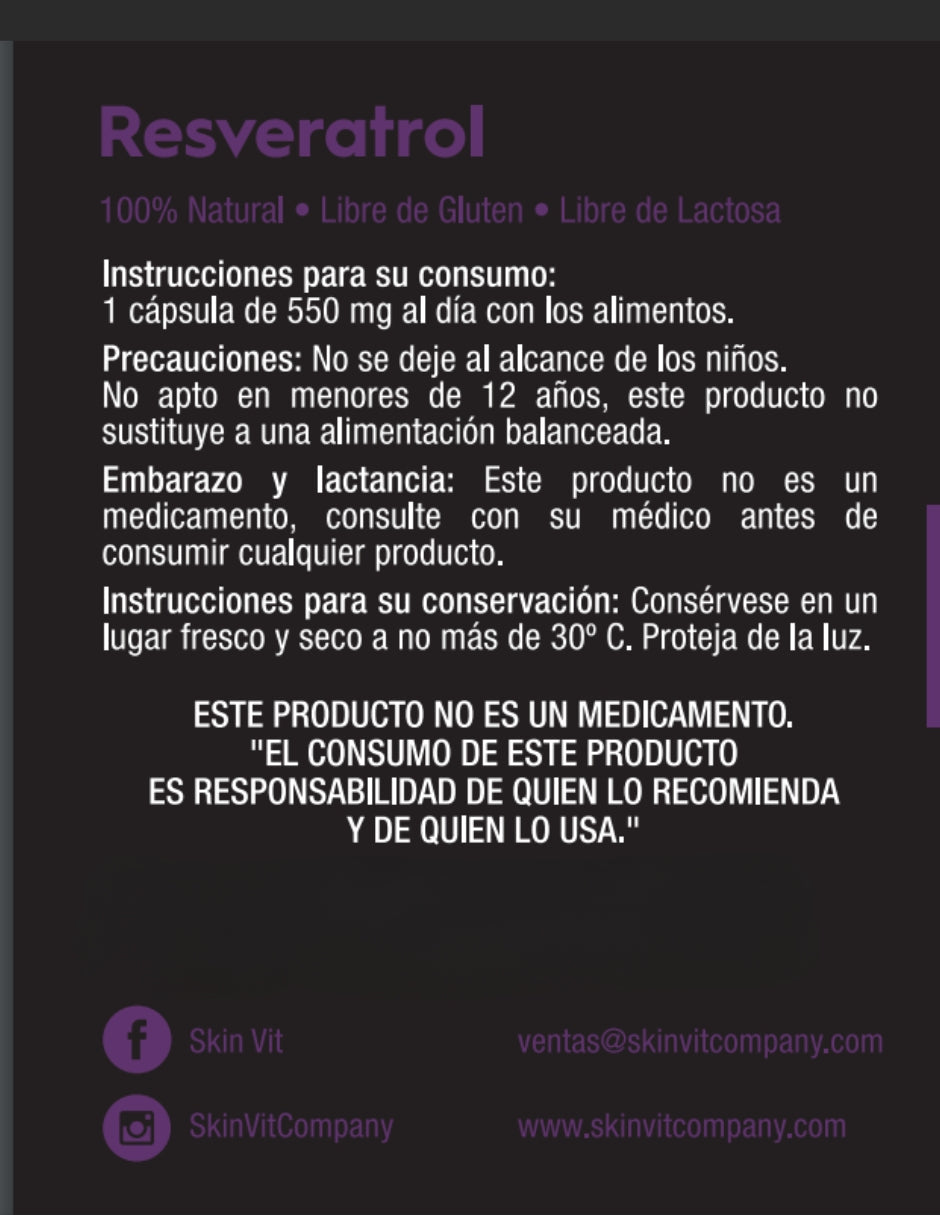 Resveratrol Skin Vit Nutrition Company 60 Cápsulas de 550mg