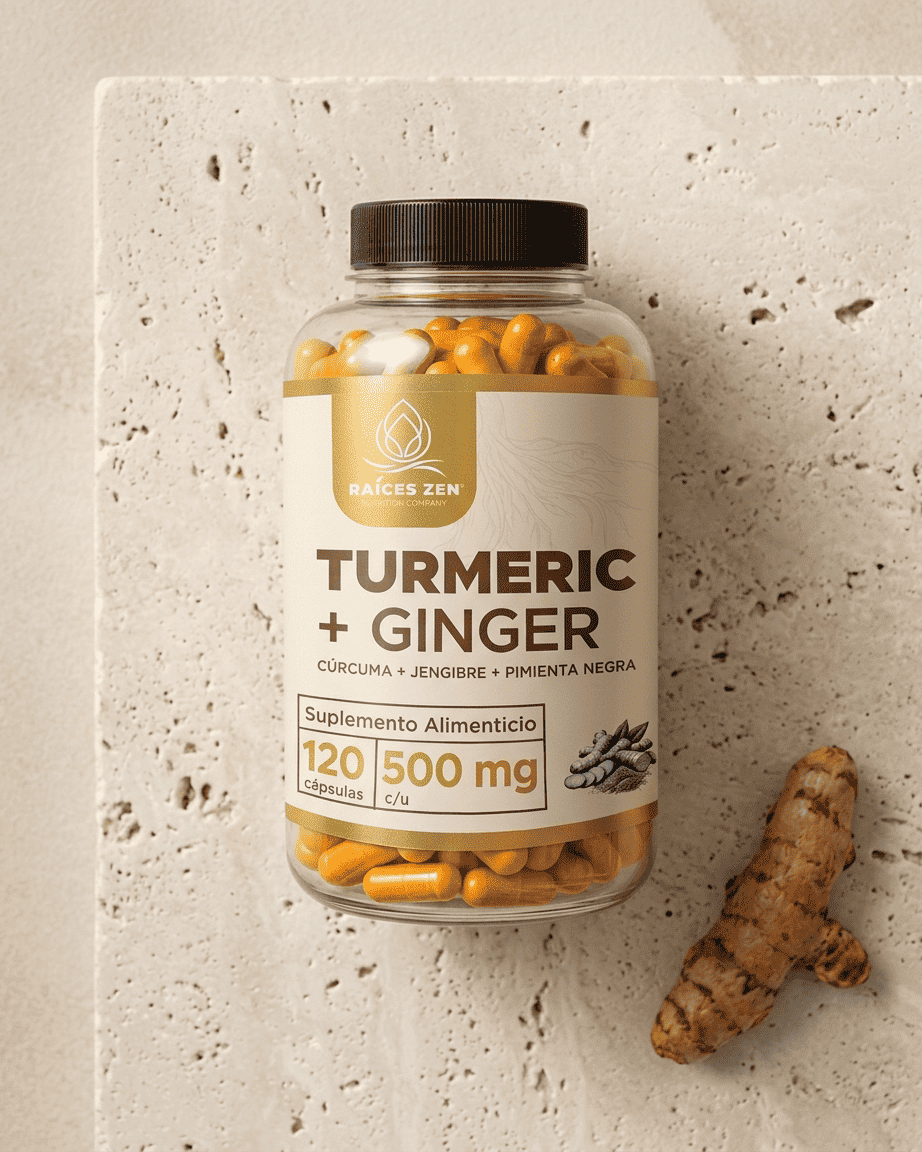 Turmeric Ginger Curcuma Jengibre y Pimienta Negra Raíces Zen 120 Cápsulas