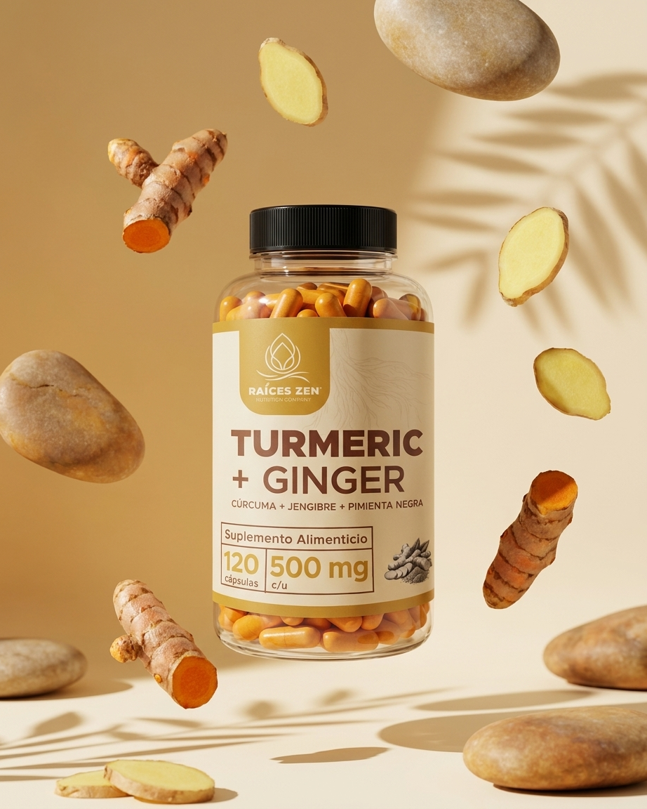 Turmeric Ginger Curcuma Jengibre y Pimienta Negra Raíces Zen 120 Cápsulas