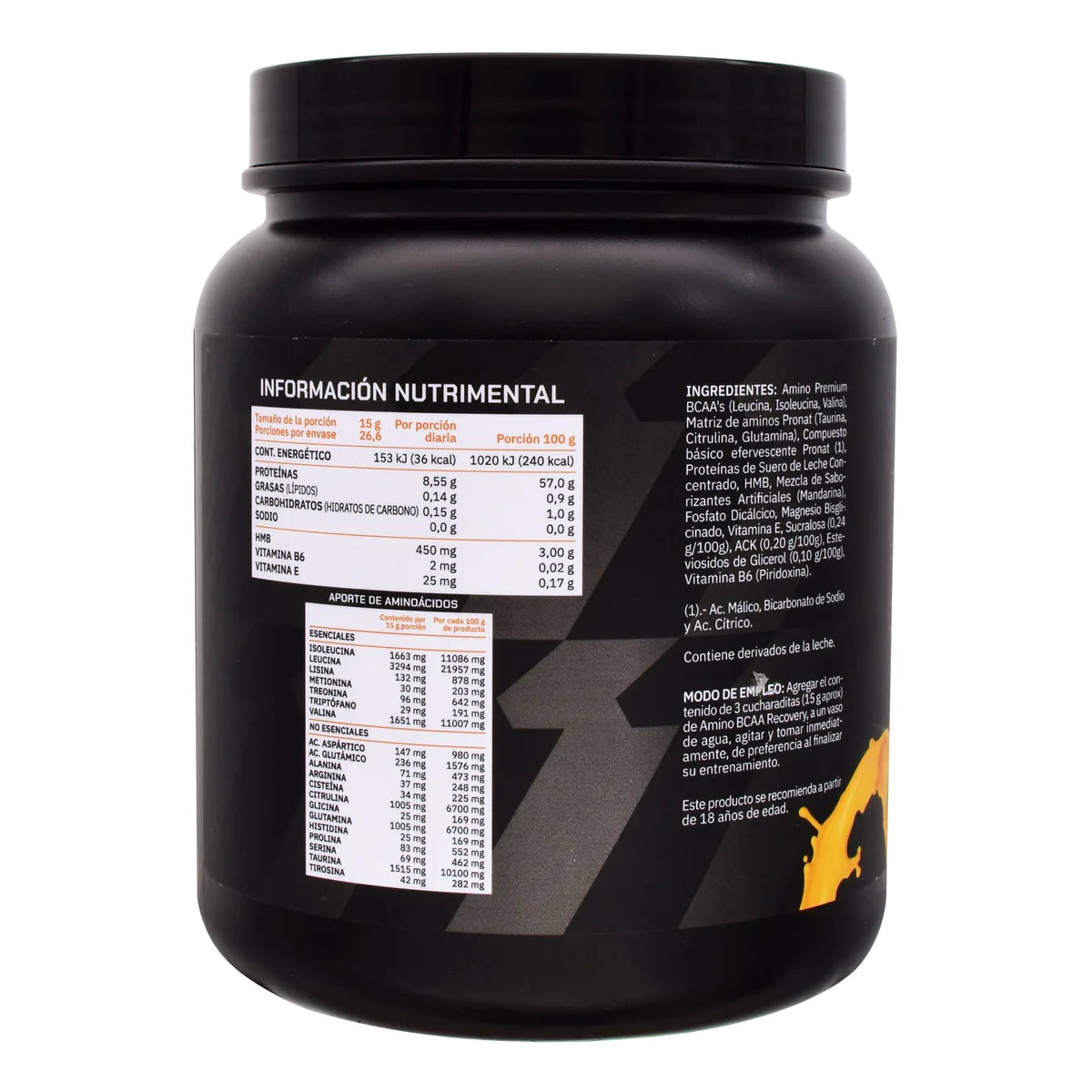 PROWINNER | Amino BCAA Recovery Sabor Mandarina, Suplemento Alimenticio, Postworkout Vitamina E y B6, 11g de Aminoácidos por Porción, Bote de 400g