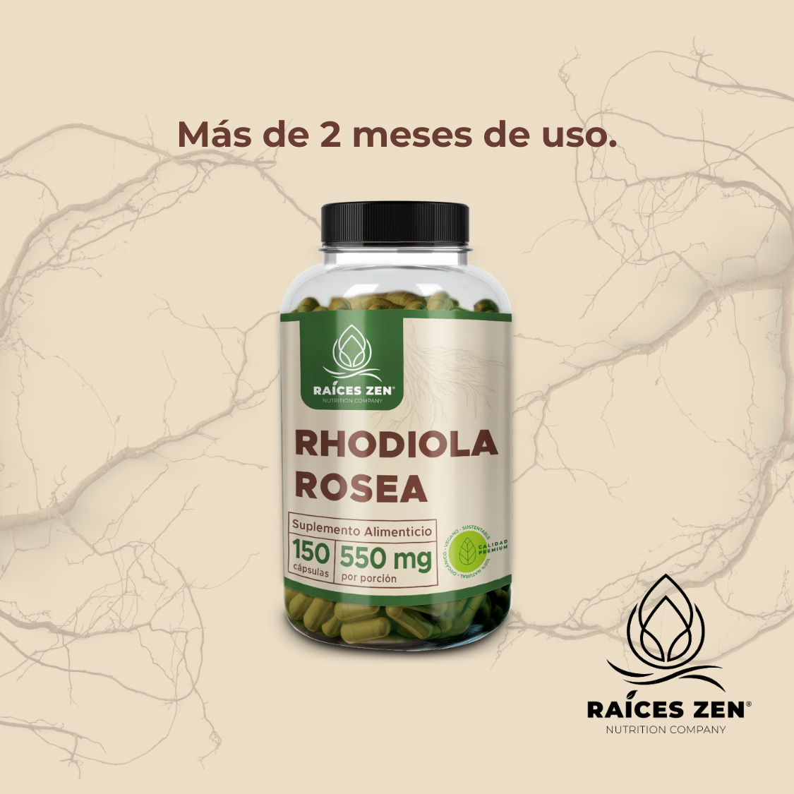 Rhodiola Rosea 150 Cápsulas Raíces Zen Calidad Premium