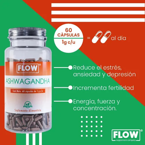 Ashwagandha Vitamina C Pimienta Negra Flow 60 Cápsulas 500 mg
