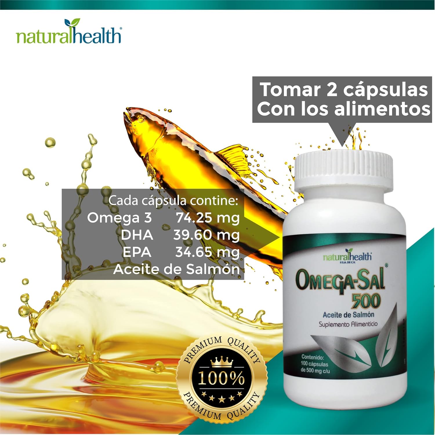 Omega Sal 500 Natural Health con Aceite de Salmon 100 Cápsulas