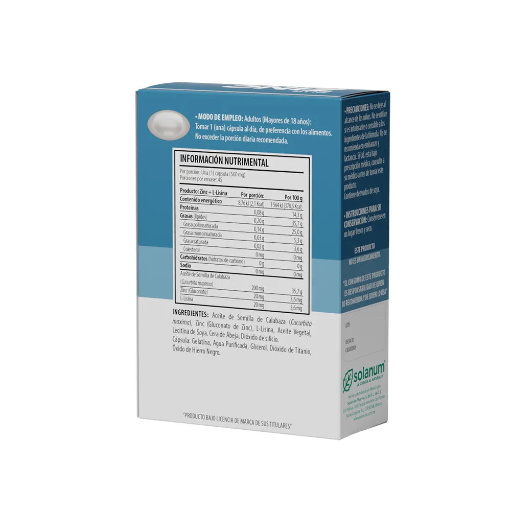 Gluconato De Zinc Y Lisina Solanum 45 Cápsulas