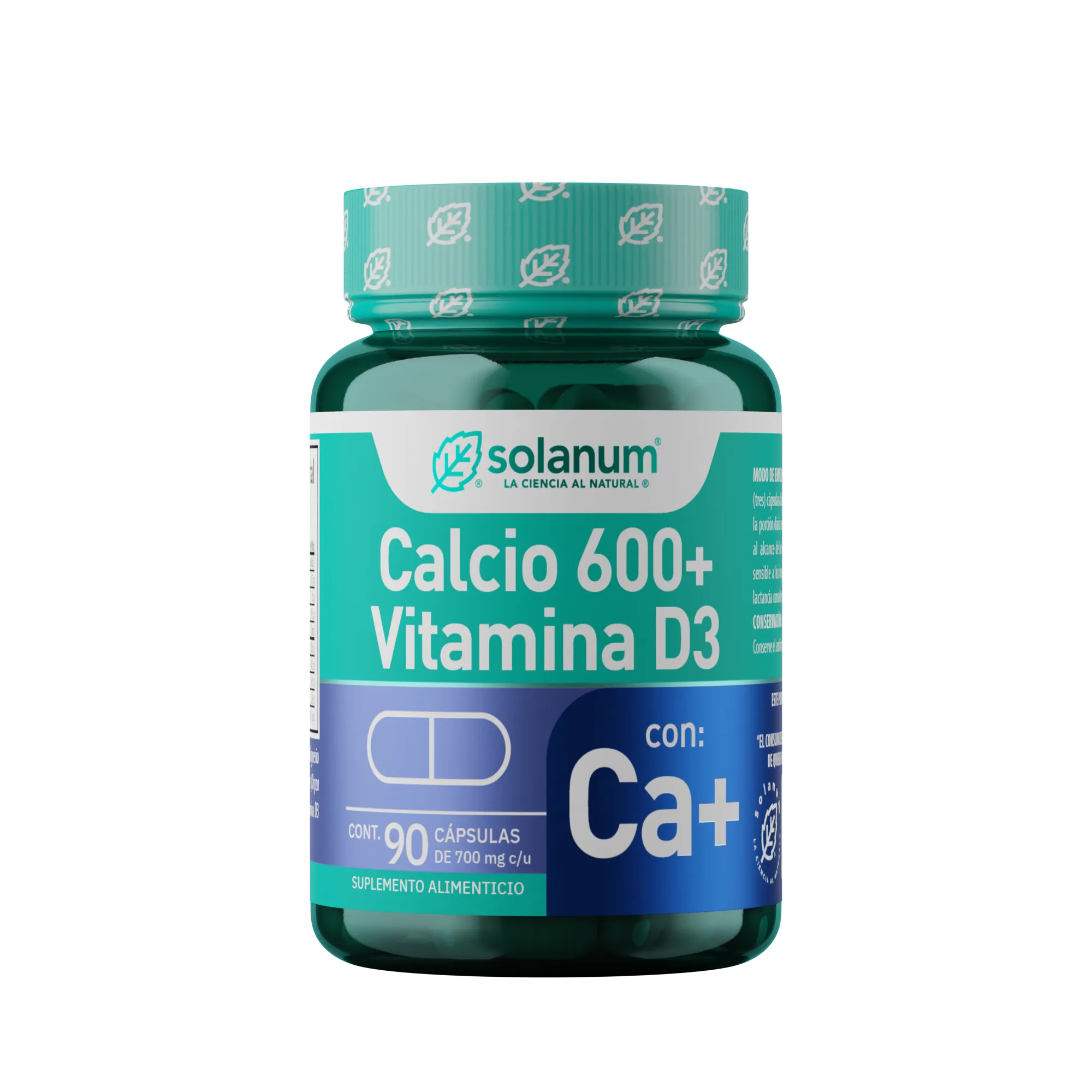 Calcio 600+ Vitamina D3 Solanum 90 Cápsulas 700 mg