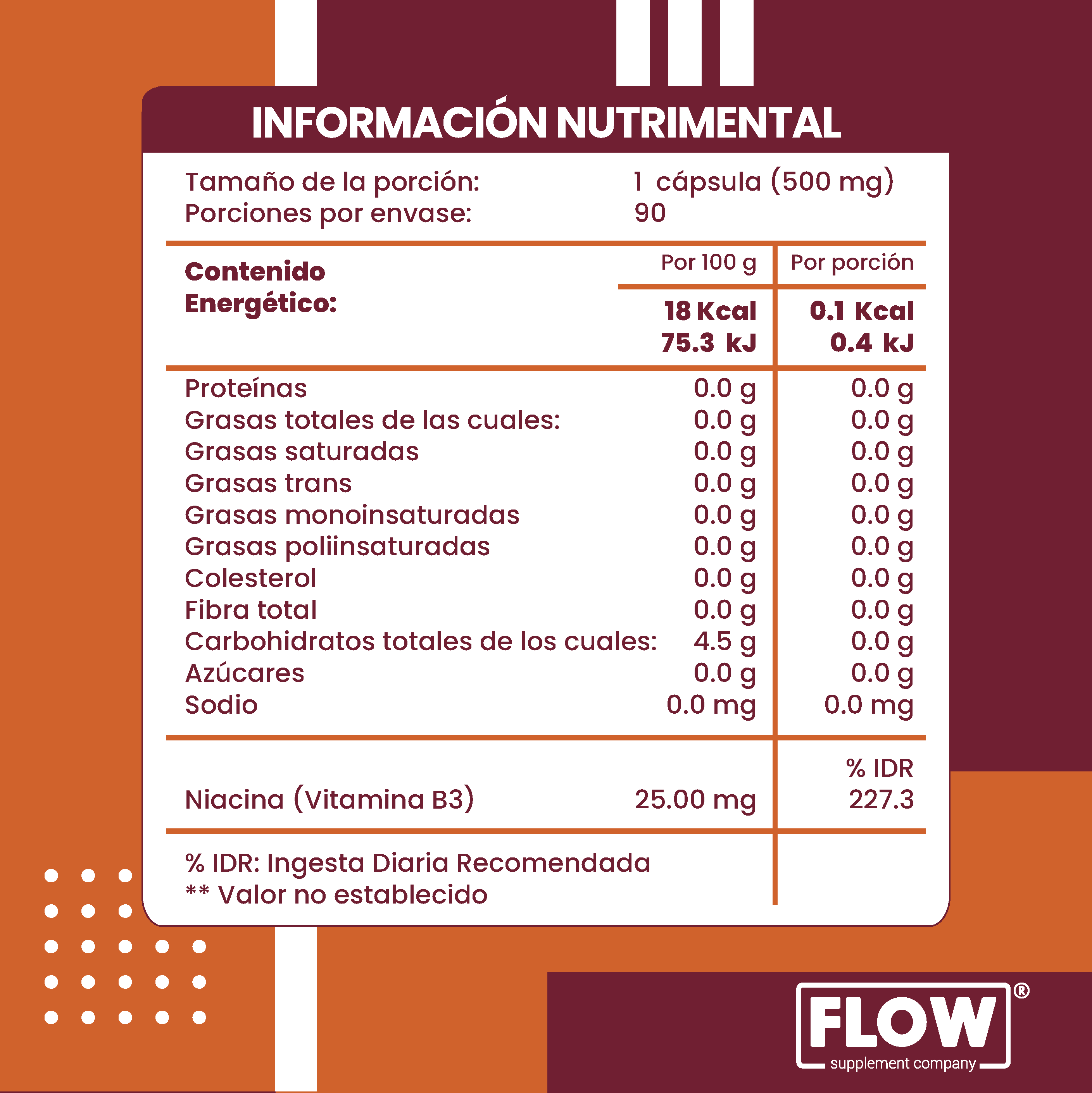 Niacina Vitamina B3 90 Cápsulas De 500 Mg Flow Niacinamida