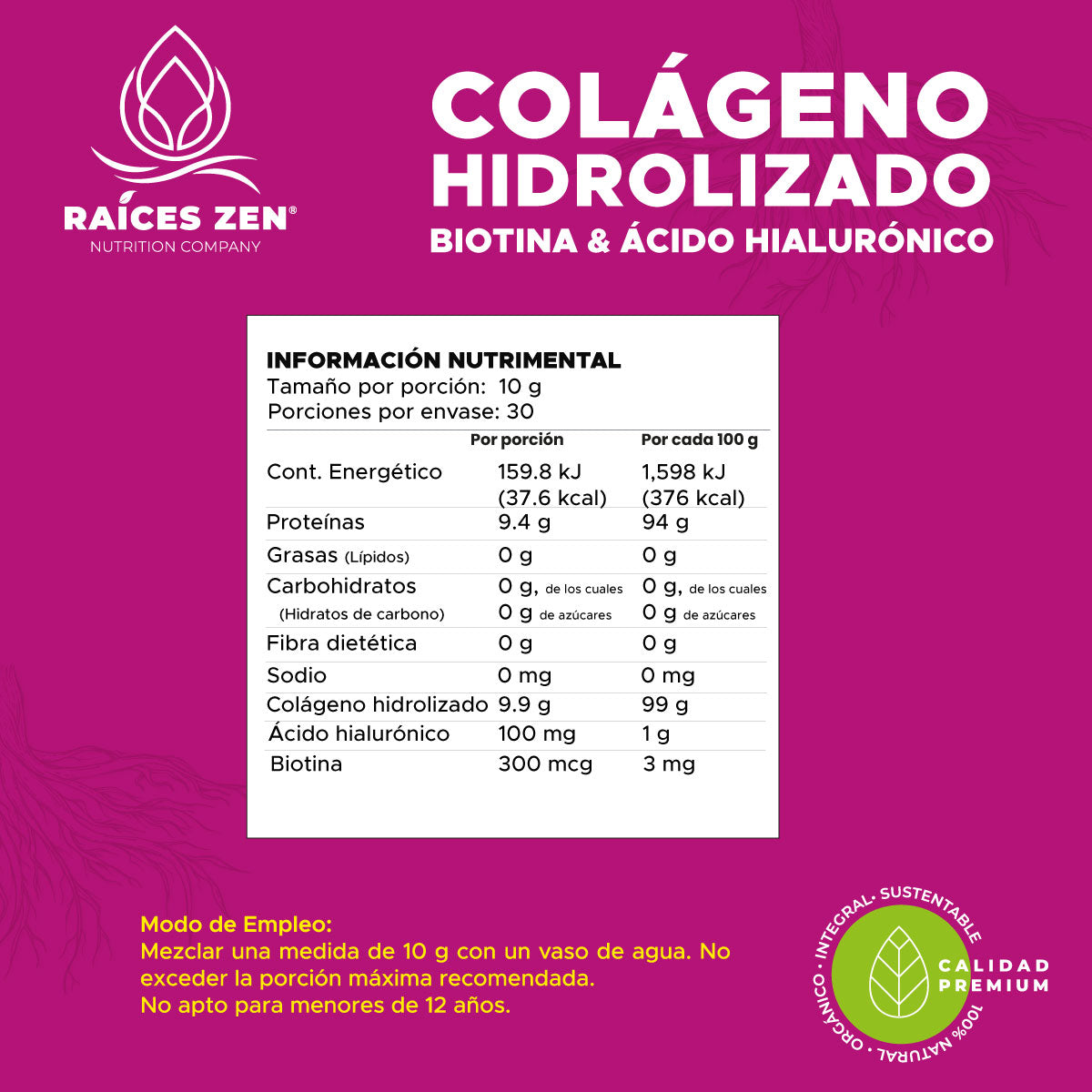 Colágeno Hidrolizado Biotina Ácido Hialurónico Raíces Zen Súper Premium 300 g