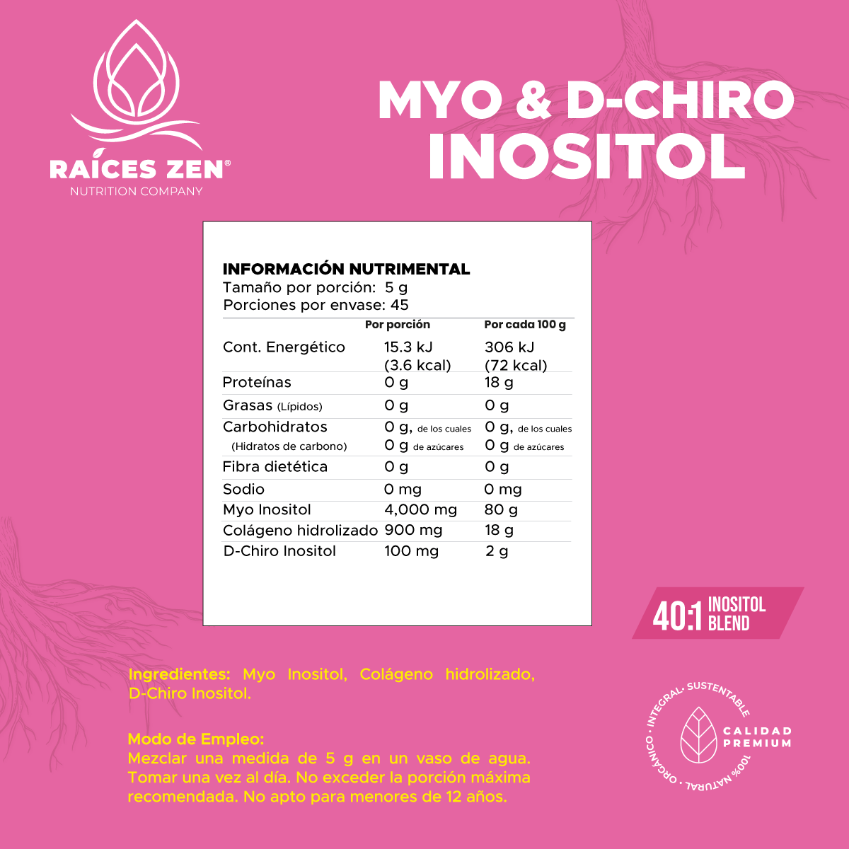 MyO & D Chiro Inositol Raíces Zen Súper Premium 225 g