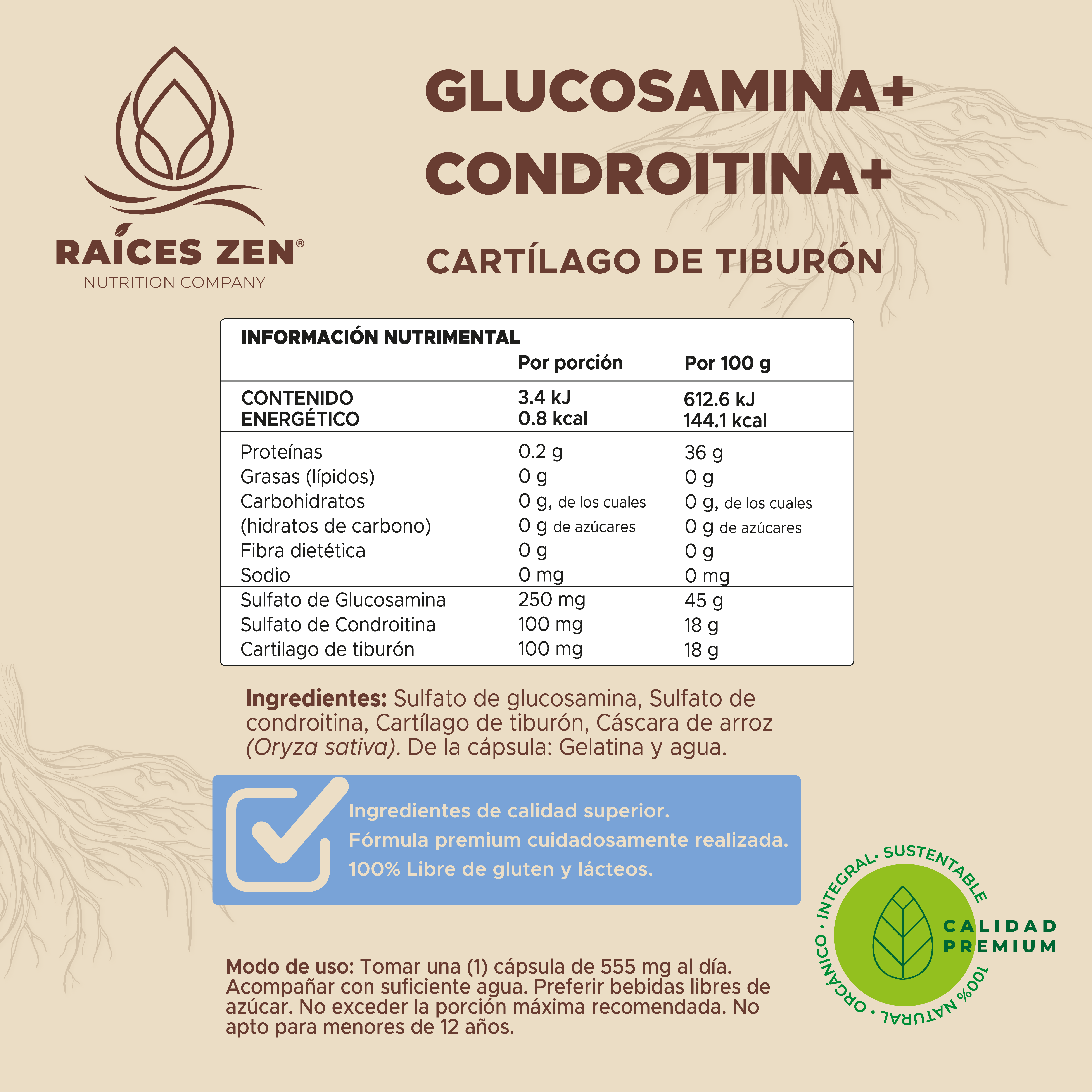 Glucosamina y Condroitina Raíces Zen Súper Premium