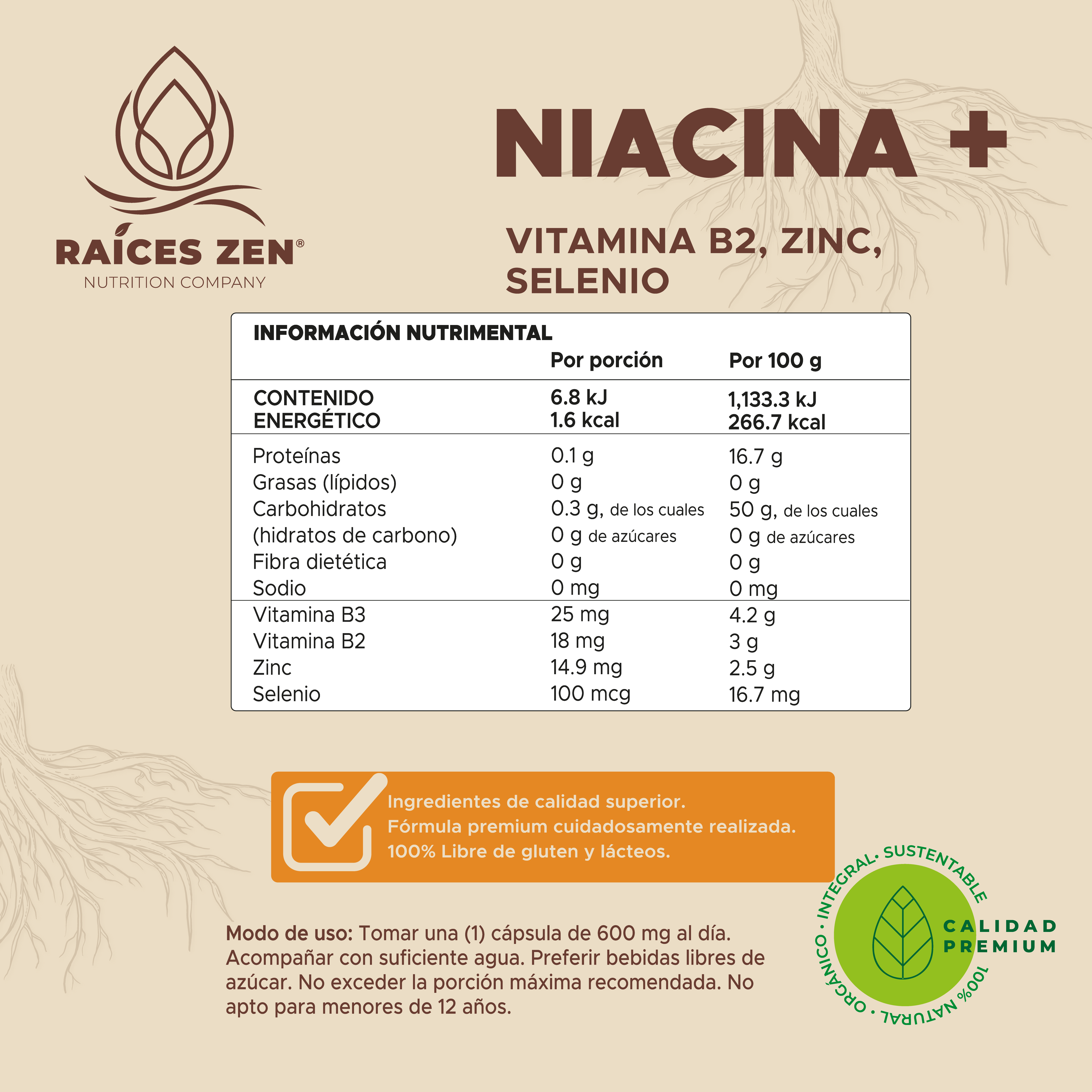 Niacina, Vitamina B2, Zinc y Selenio Raíces Zen Super Premium