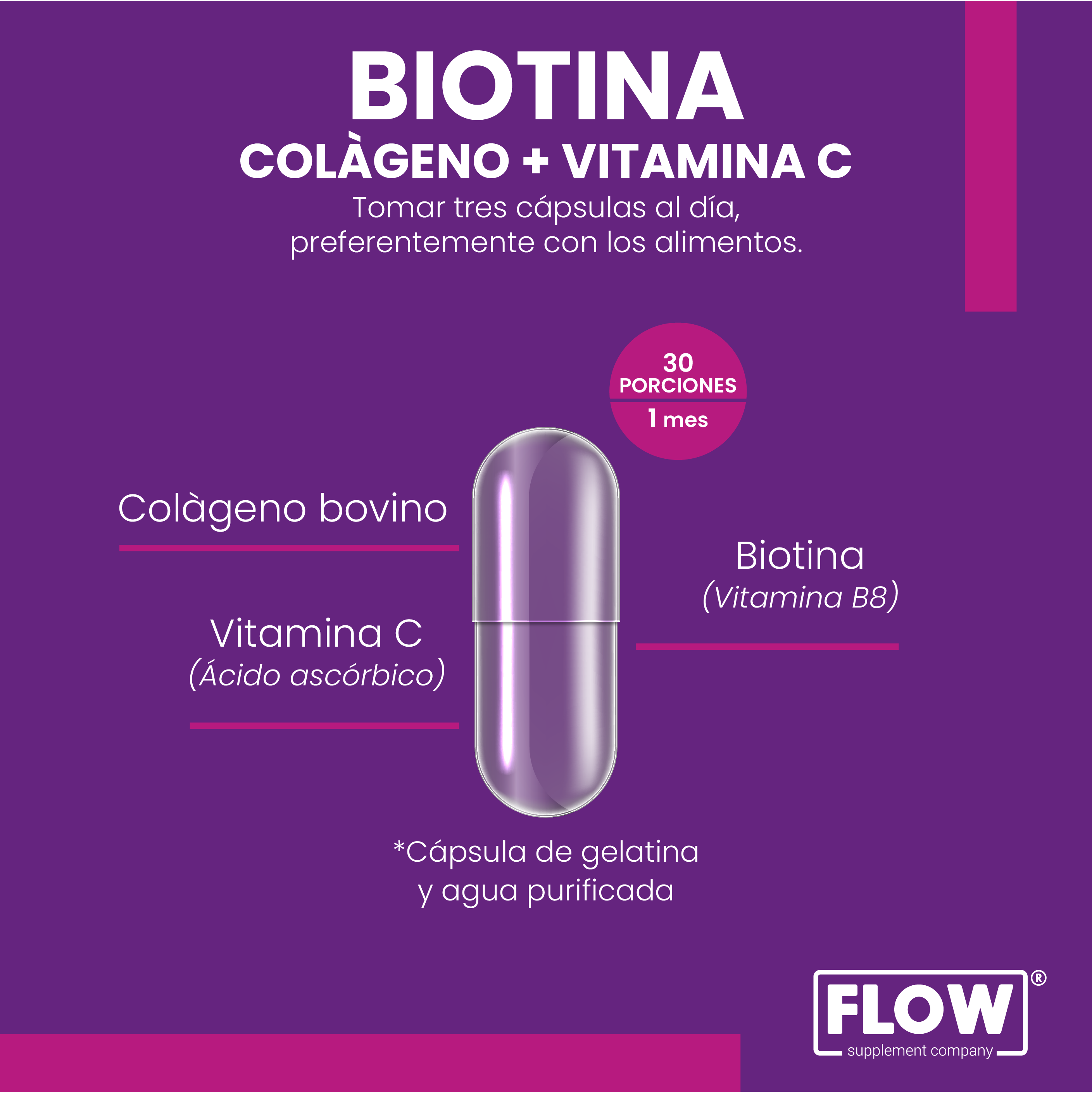 Biotina, Colageno, Vitamina C Flow 90 Cápsulas De 500 mg