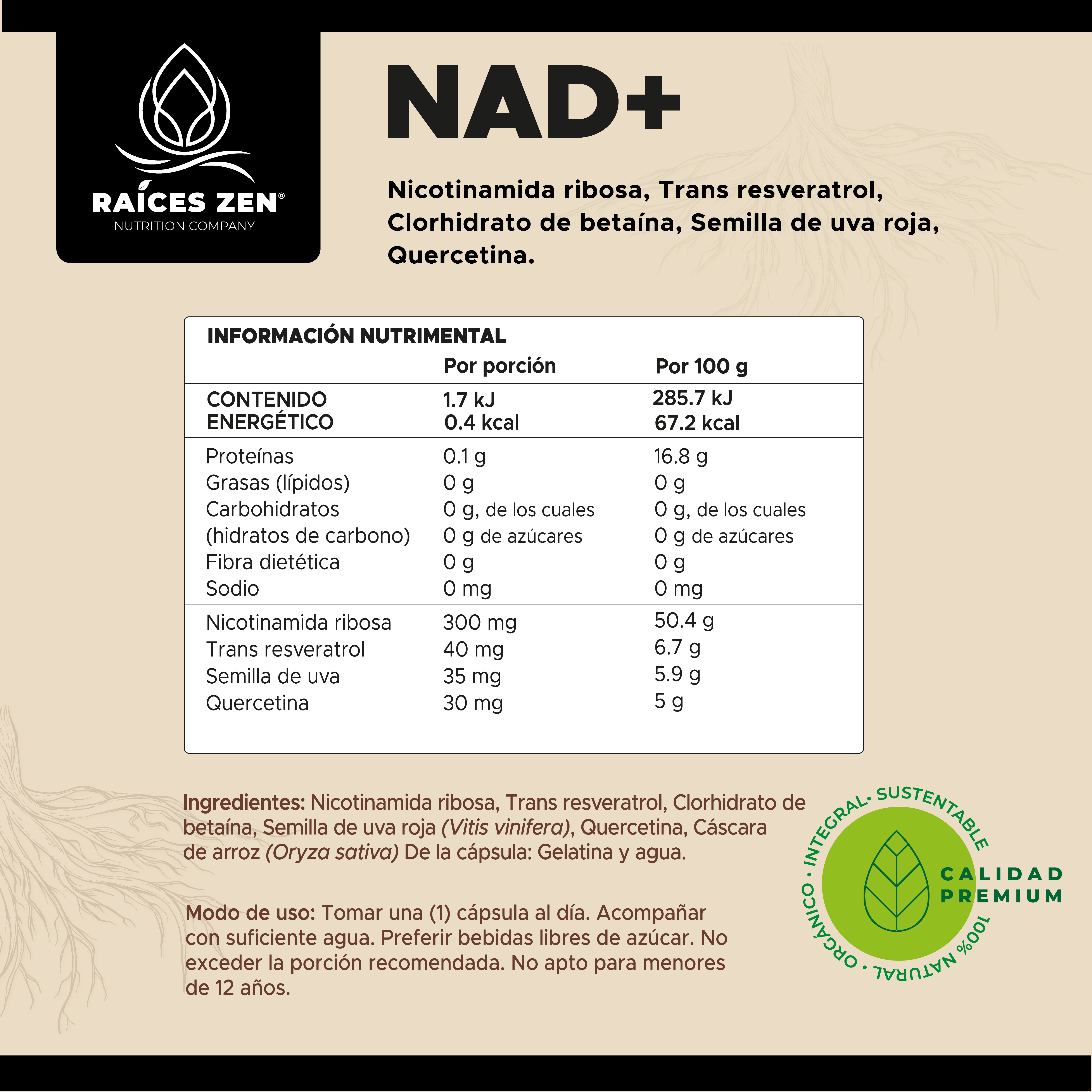 Nad Nicotinamida Ribosa Resveratrol Betaina Raíces Zen Súper Premium