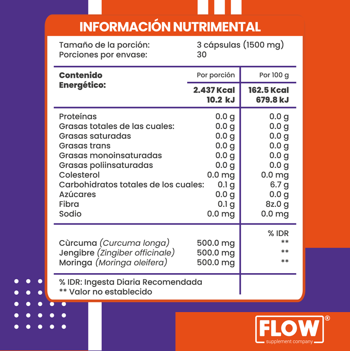 Curcuma Jengibre Moringa Flow Puro Premium 90 Cápsulas