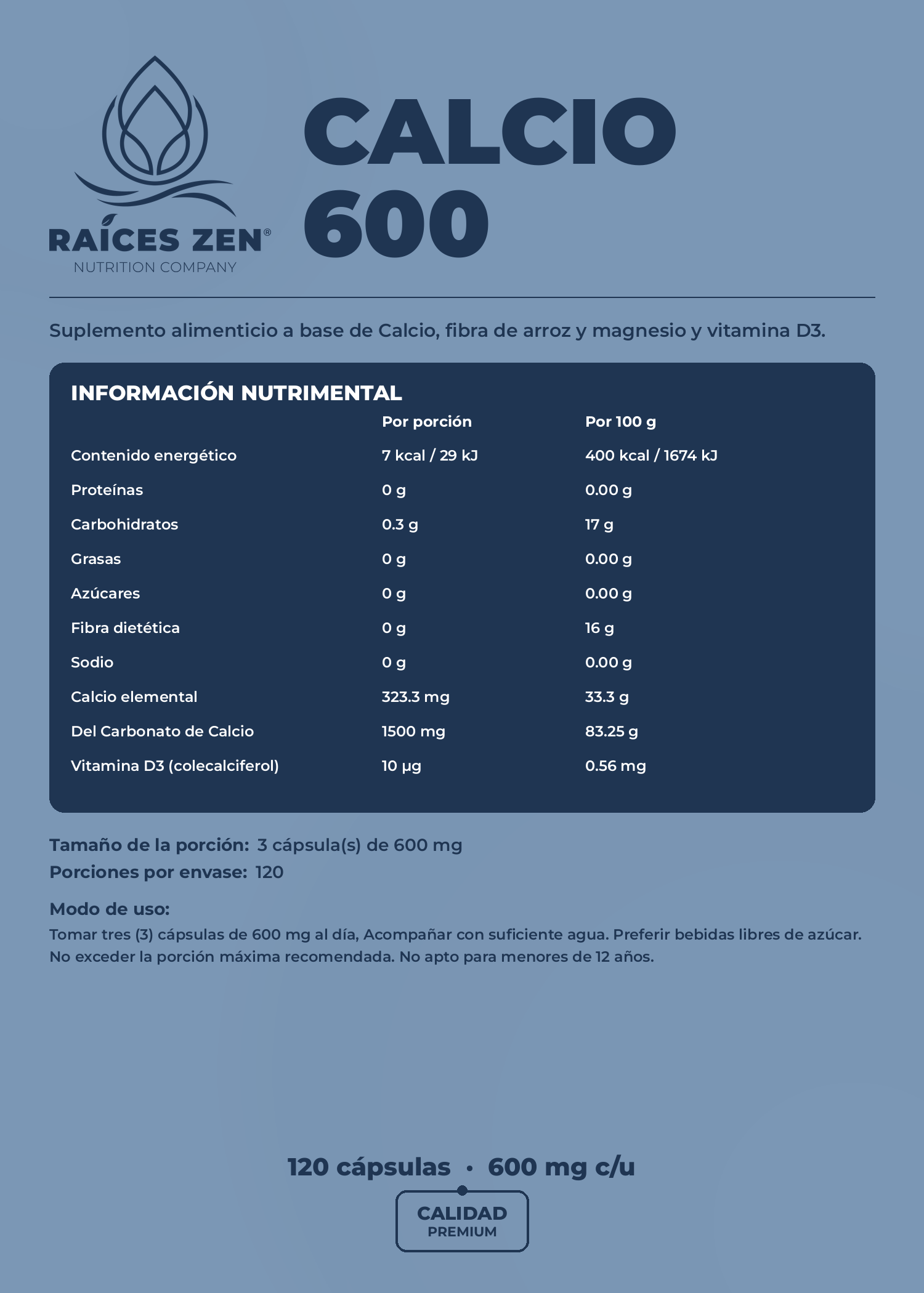 Calcio 600 Vitamina D3 400 ui Raíces Zen 120 cápsulas