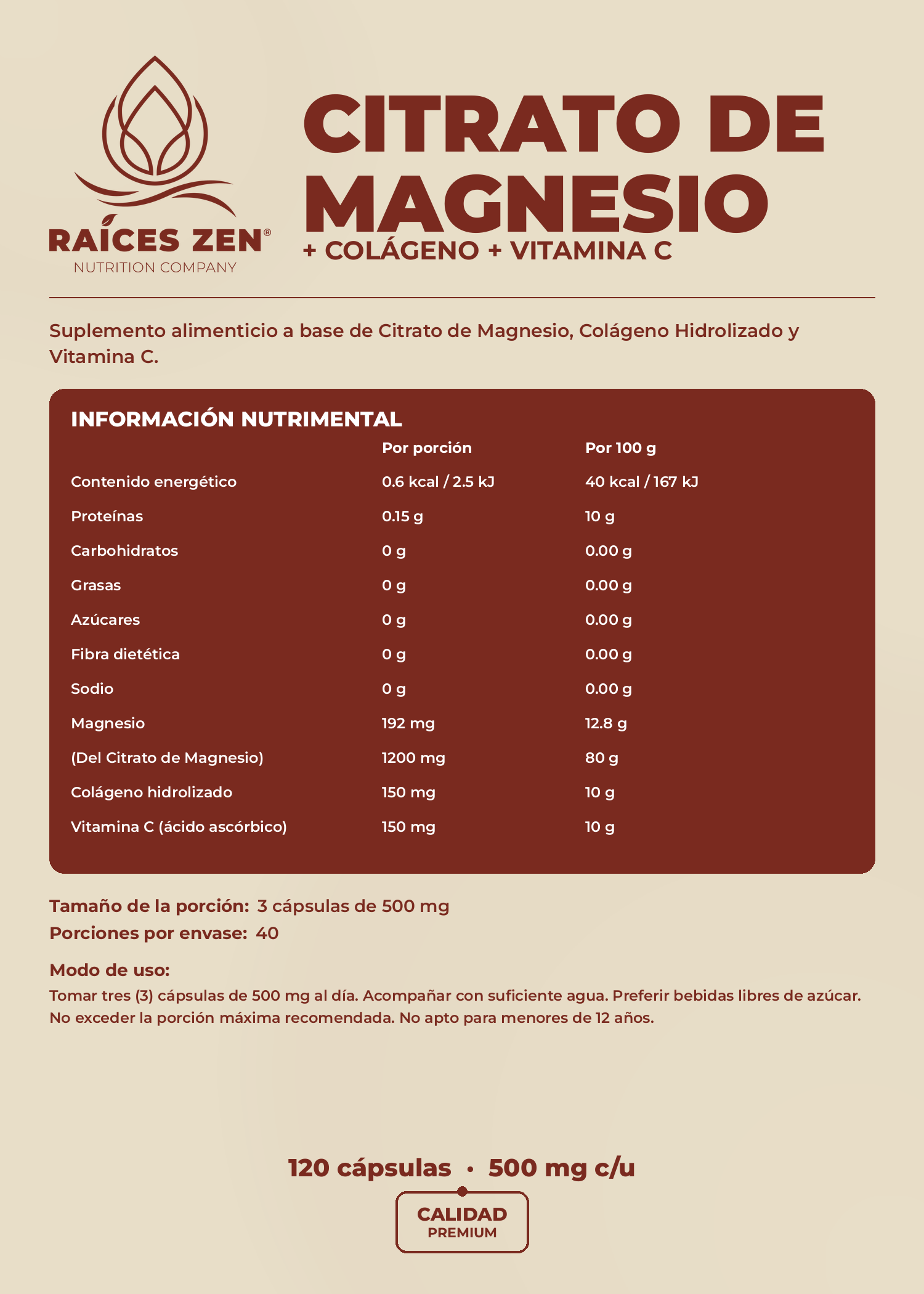 Citrato de Magnesio Colágeno Hidrolizado y Vitamina C Raíces Zen 120 Cápsulas