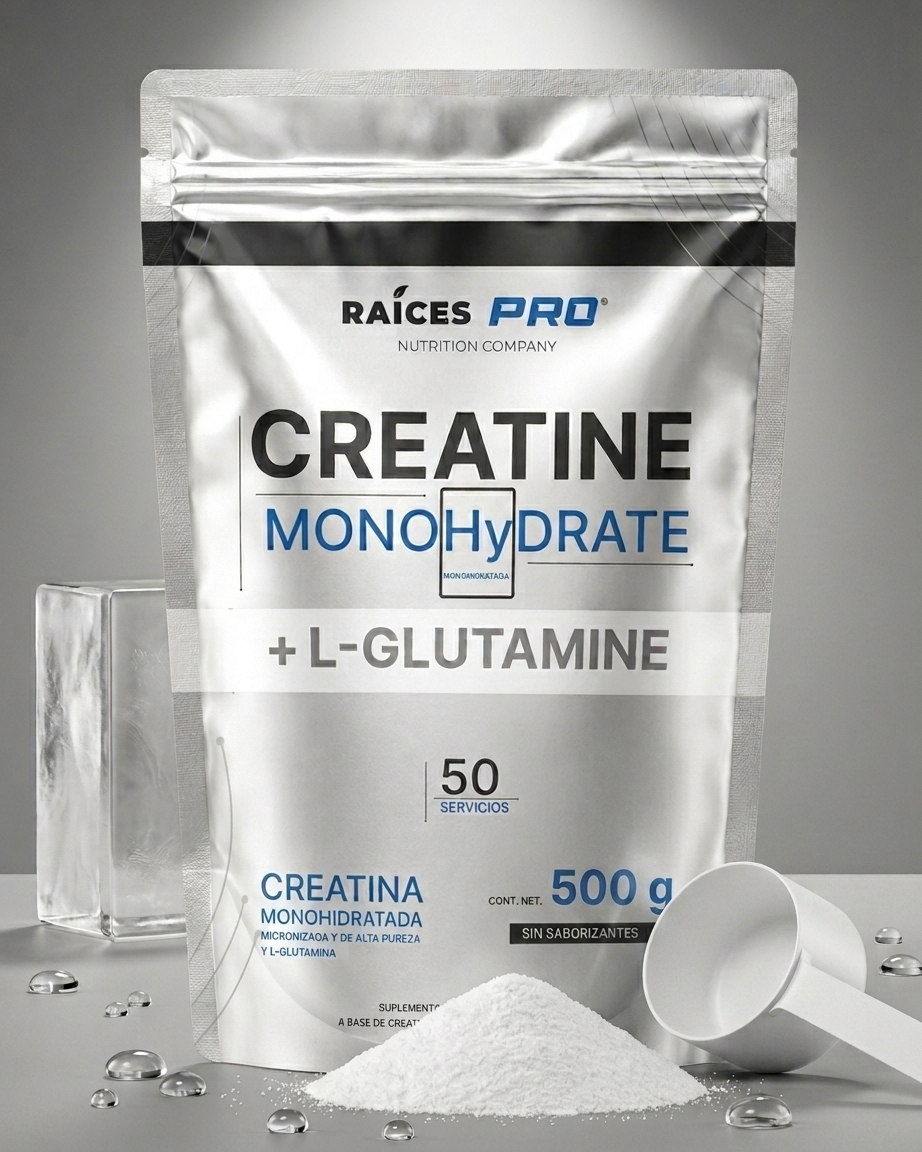 Creatina Monohidratada y glutamina raices pro 500 gramos 50 servicios