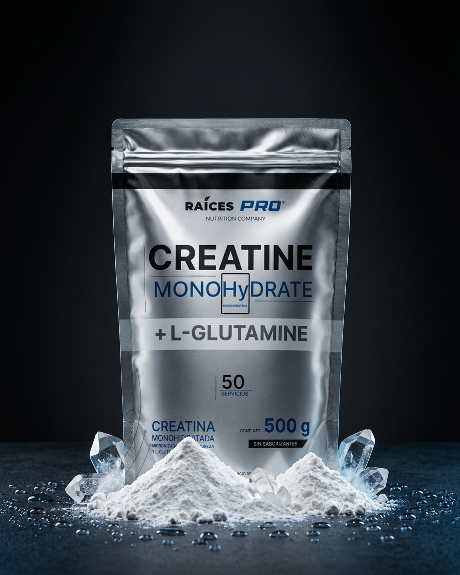 Creatina Monohidratada y glutamina raices pro 50 servicios