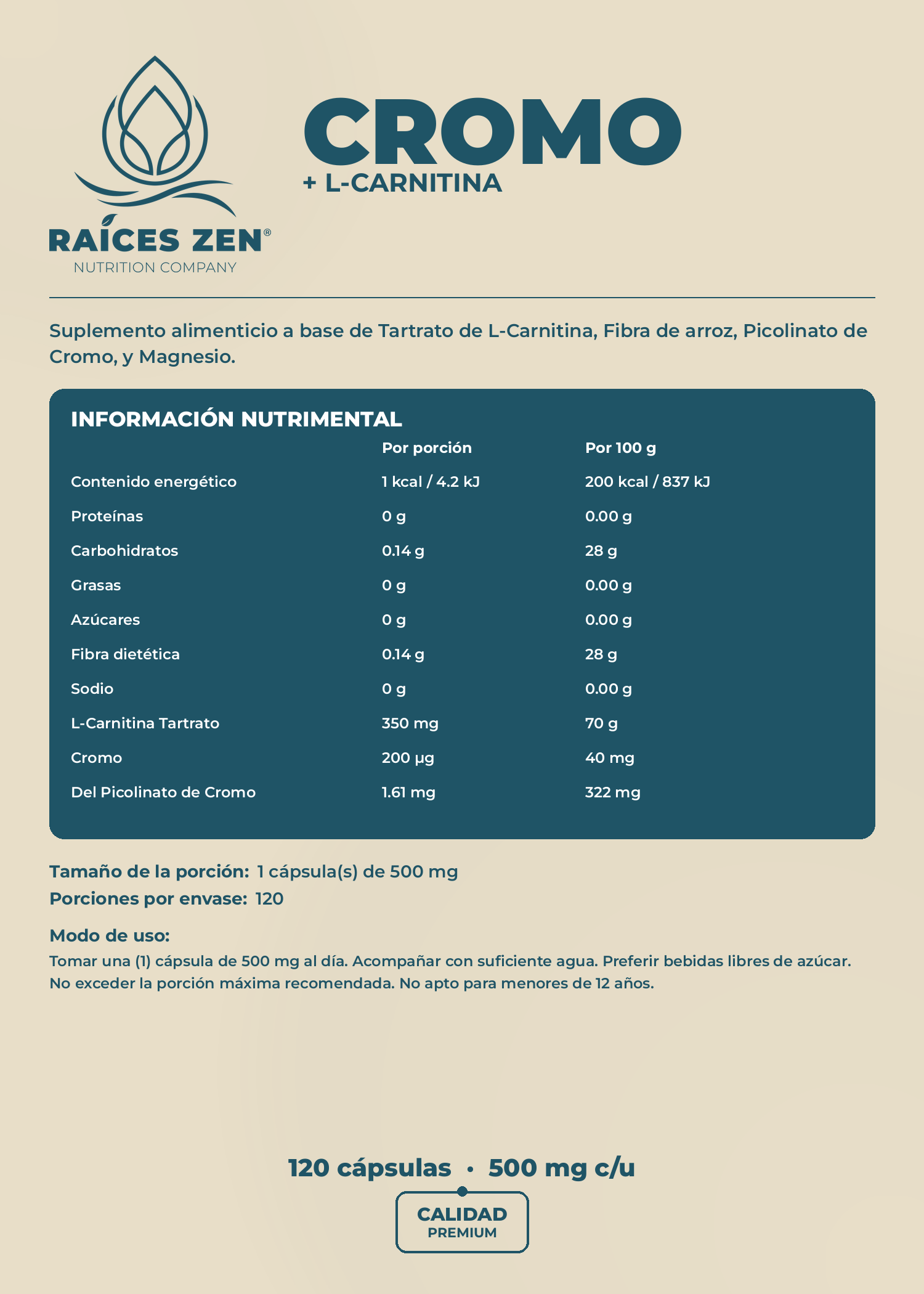 l carnitina y picolinato de cromo Picolinato de Cromo L-Carnitina Raíces Zen 120 Cápsulas Chromium