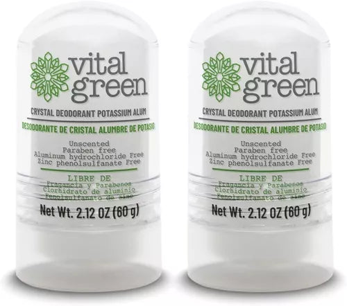 Vital Green - Desodorante Natural de Piedra Cristal de Alumbre de Potasio con Aloe Vera. Ideal Para Piel Sensible. Elimina El Olor y No Mancha. Presentación roll on 90 g - 3 fl oz (2 Unidades)