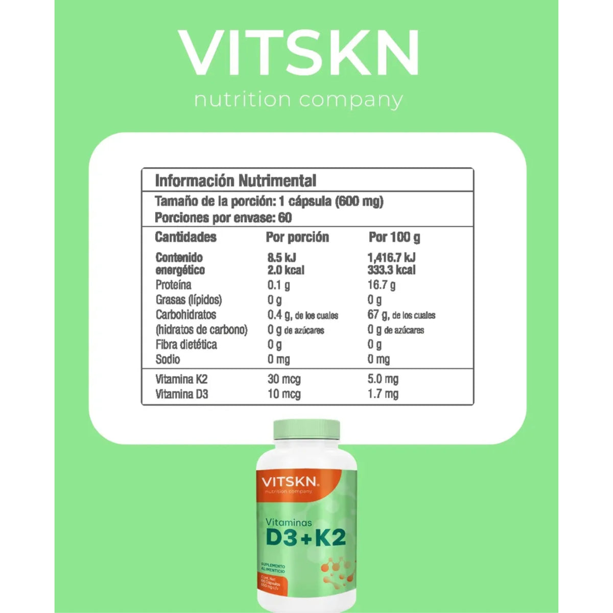 Vitamina D3 y K2 VITSKN 60 Cápsulas - imagen 4