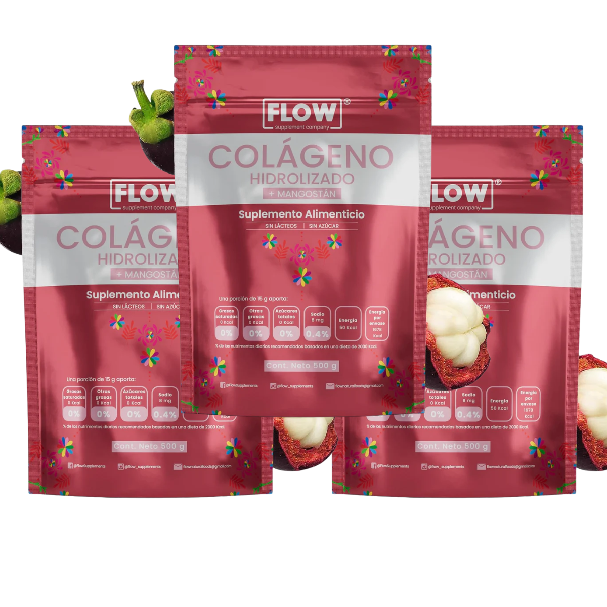 kit 3 Suplemento FLOW - Colageno con Mangostan frasco de 500 gr