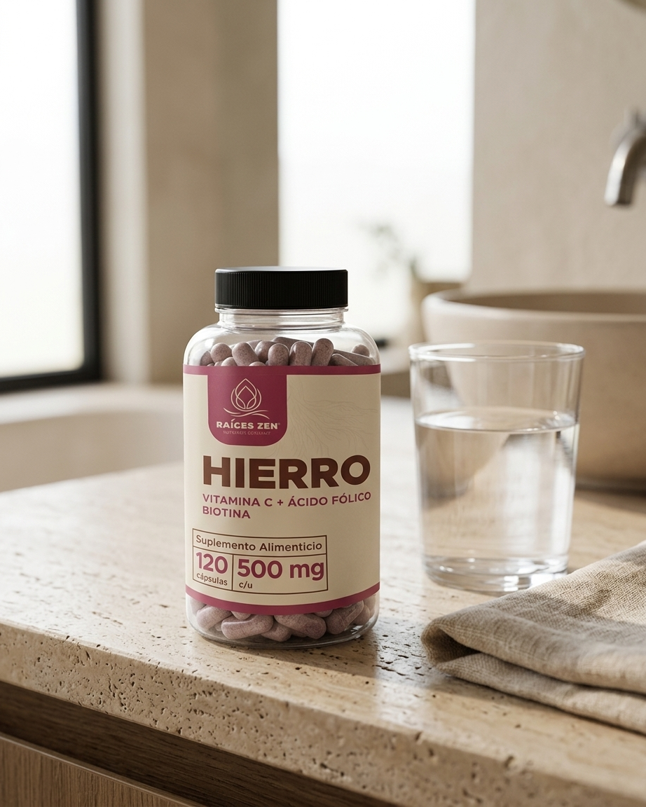 Hierro con Vitamina C Ácido Fólico Biotina Raíces Zen 120 Capsulas