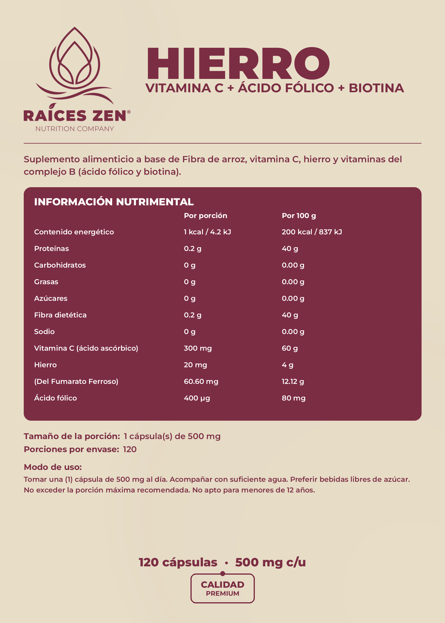 Hierro con Vitamina C Ácido Fólico Biotina Raíces Zen 120 Capsulas