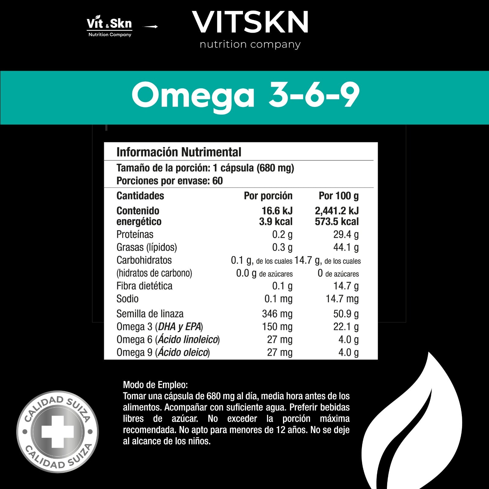 Omega 3 6 9 Skin Vit Nutrition Company 60 Cápsulas