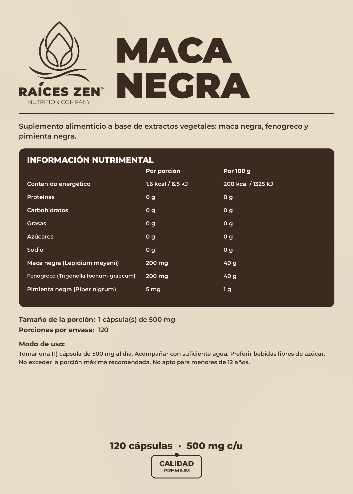 Maca Negra Fenogreco Raíces Zen 120 Cápsulas